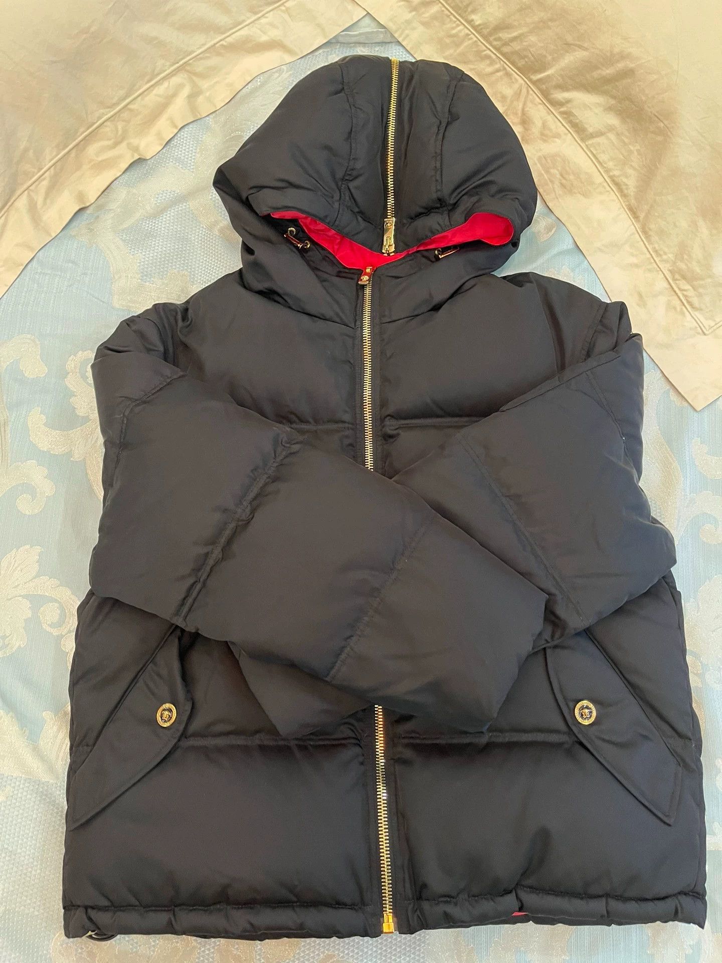 Versace Versace Black Oversized Down Jacket 46, Hood Shawl, Gold Btn Size US S / EU 44-46 / 1 - 2 Thumbnail