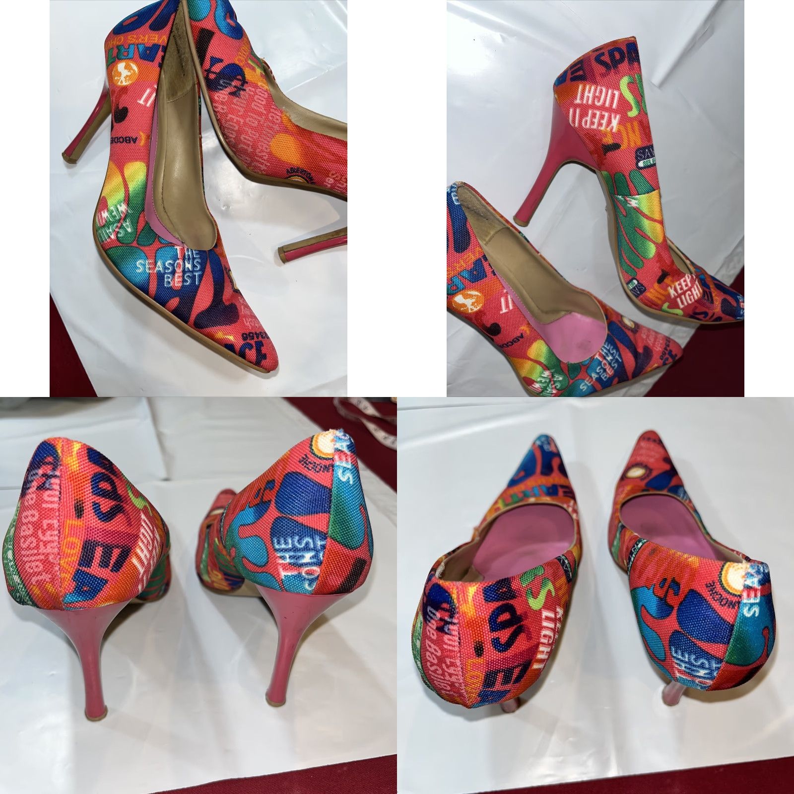 Vintage VINTAGE Anne Michelle Grafitti Word Art Pump Heel 4” Fuel 01 Stiletto Pink 7.5 Womens Shoes Size US 8 / IT 38 - 9 Thumbnail
