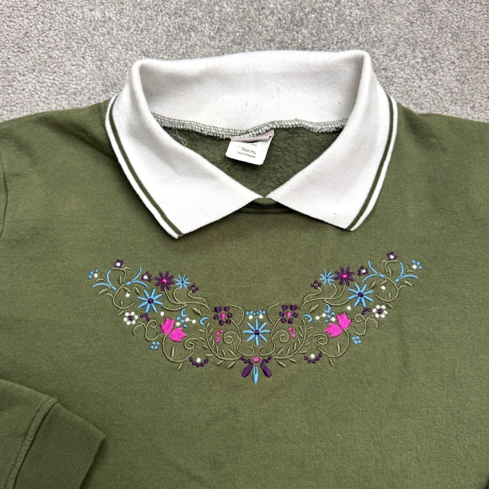 Vintage Adrian Delafield Embroidered Collared Pullover Sweatshirt Womens XL Green Pullover Sweatshirt Floral Bohemian Womens XL Green Size XL / US 12-14 / IT 48-50 - 3 Thumbnail