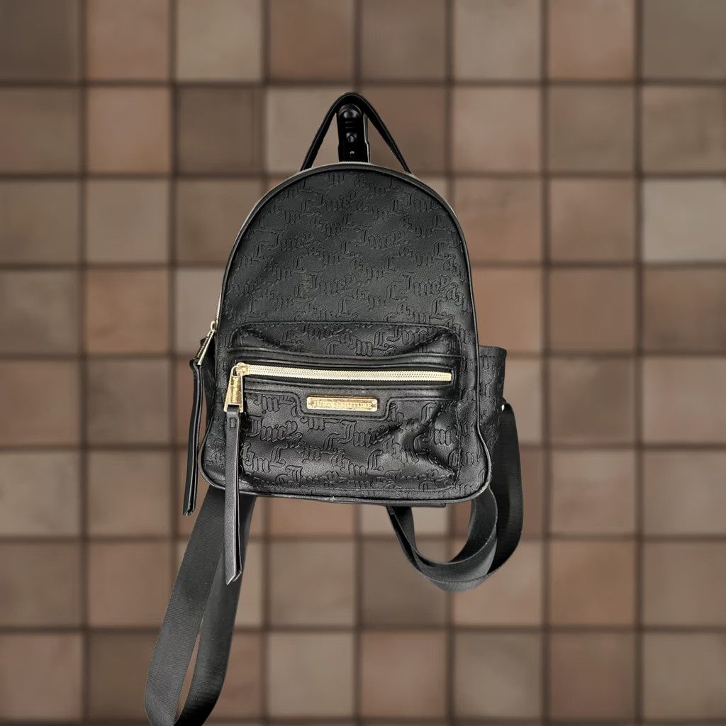 Juicy Couture Juicy Couture Black Leather Backpack Purse Logo Pattern Medium Casual Travel Zip Closure Womens Size ONE SIZE - 1 Thumbnail