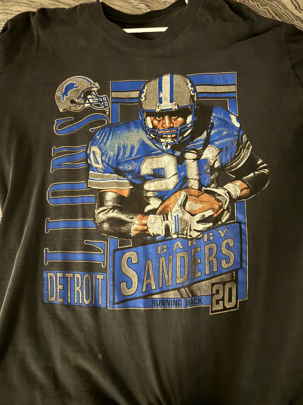 image of Nutmeg Mills Barry Sanders, Detroit Lions Players Stats Shirt in Black, Men's (Size Large)