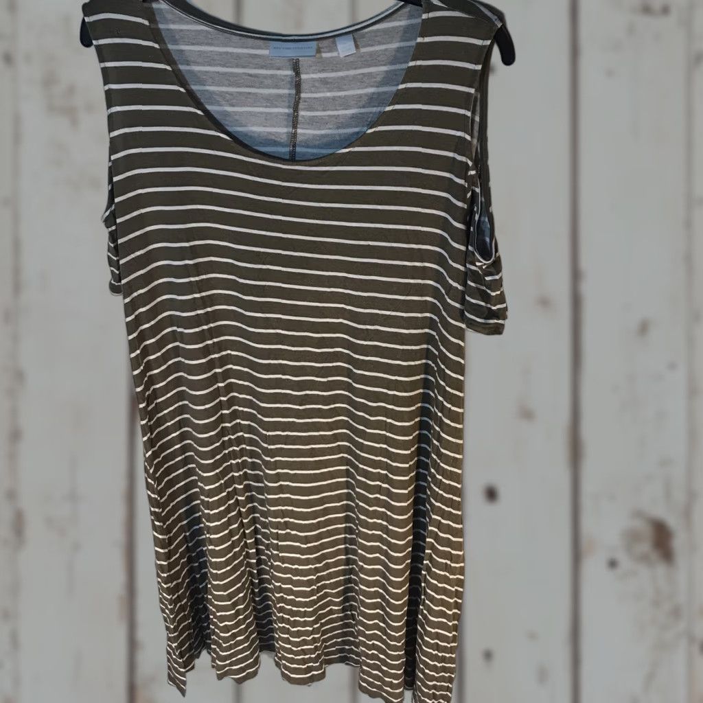 Vintage New York & Co Striped Dress Women XL Green White Cold Shoulder Knee Length Rayon Spandex Lightweight Size XL / US 12-14 / IT 48-50 - 1 Thumbnail