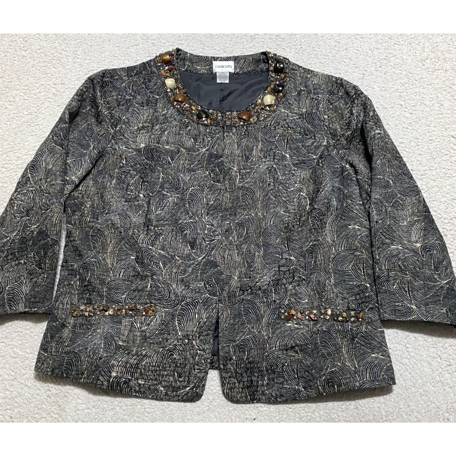 Vintage Chico's Blazer Shirt Womens Large Black Silk Blend Geometric Beaded Embellished Size L / US 10 / IT 46 - 2 Thumbnail