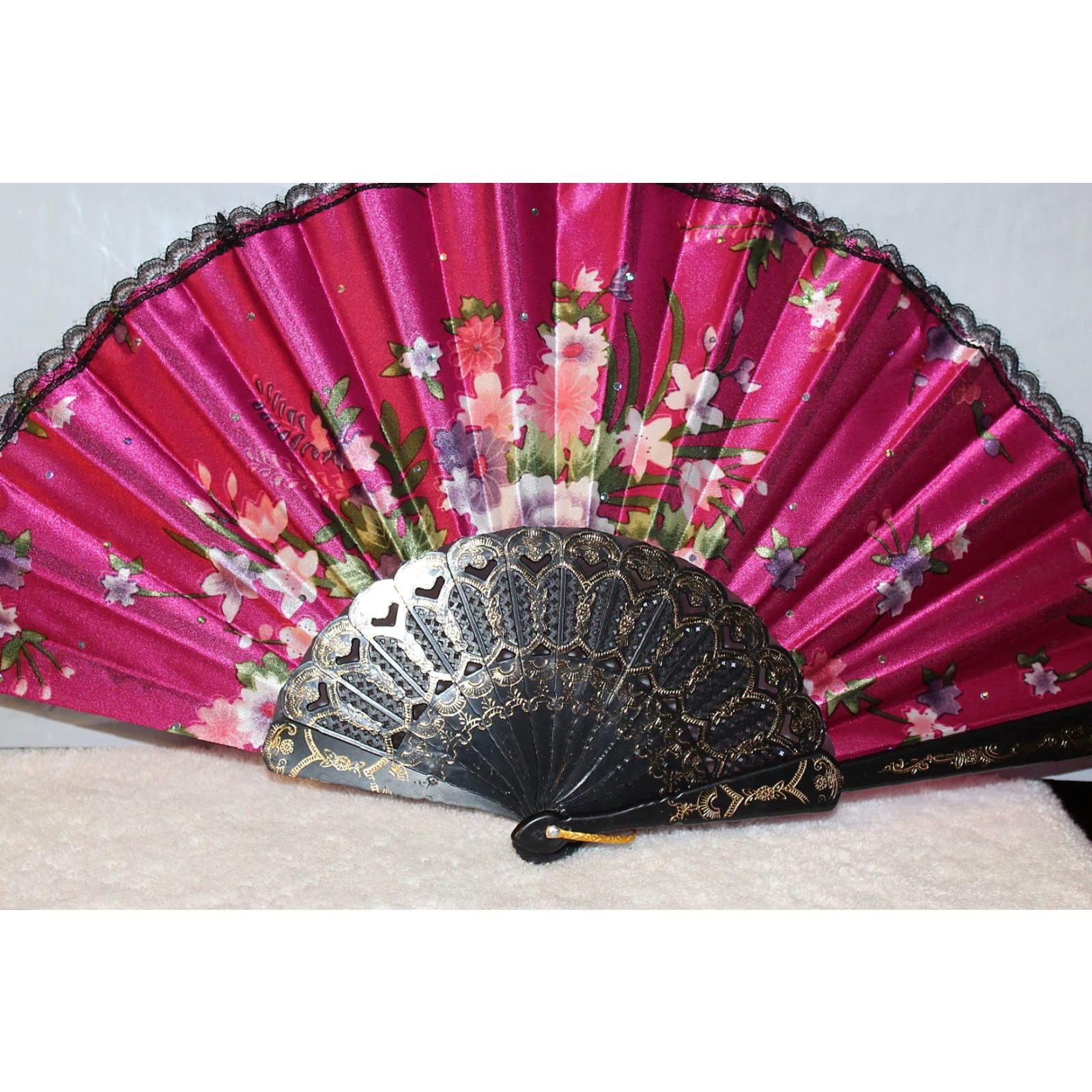 Vintage VINTAGE FAN Small Hand Fan with Flowers Dark Pink 16" Open 9" Closed 3075 Womens/Unisex? Size ONE SIZE - 2 Thumbnail