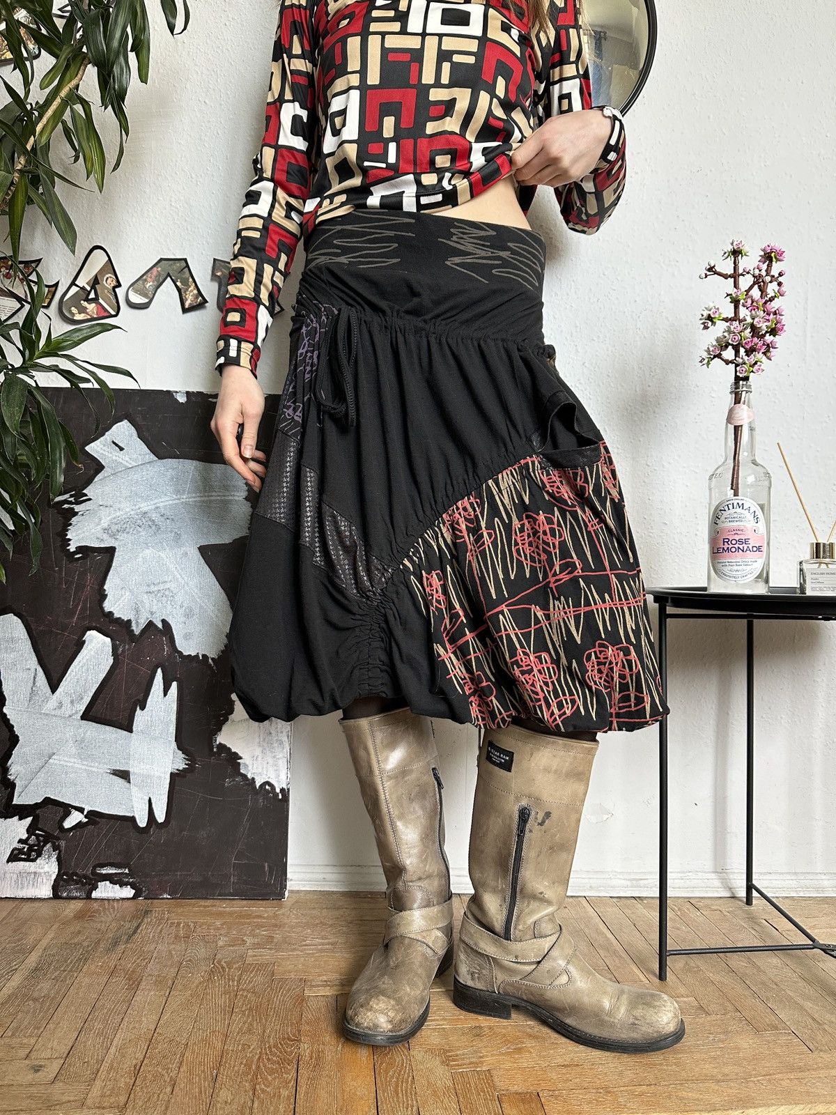 Designer × Other Asymmetrical Deconstructed Draped Scrunchy Graphic Skirt Size 30" / US 8 / IT 44 - 6 Thumbnail