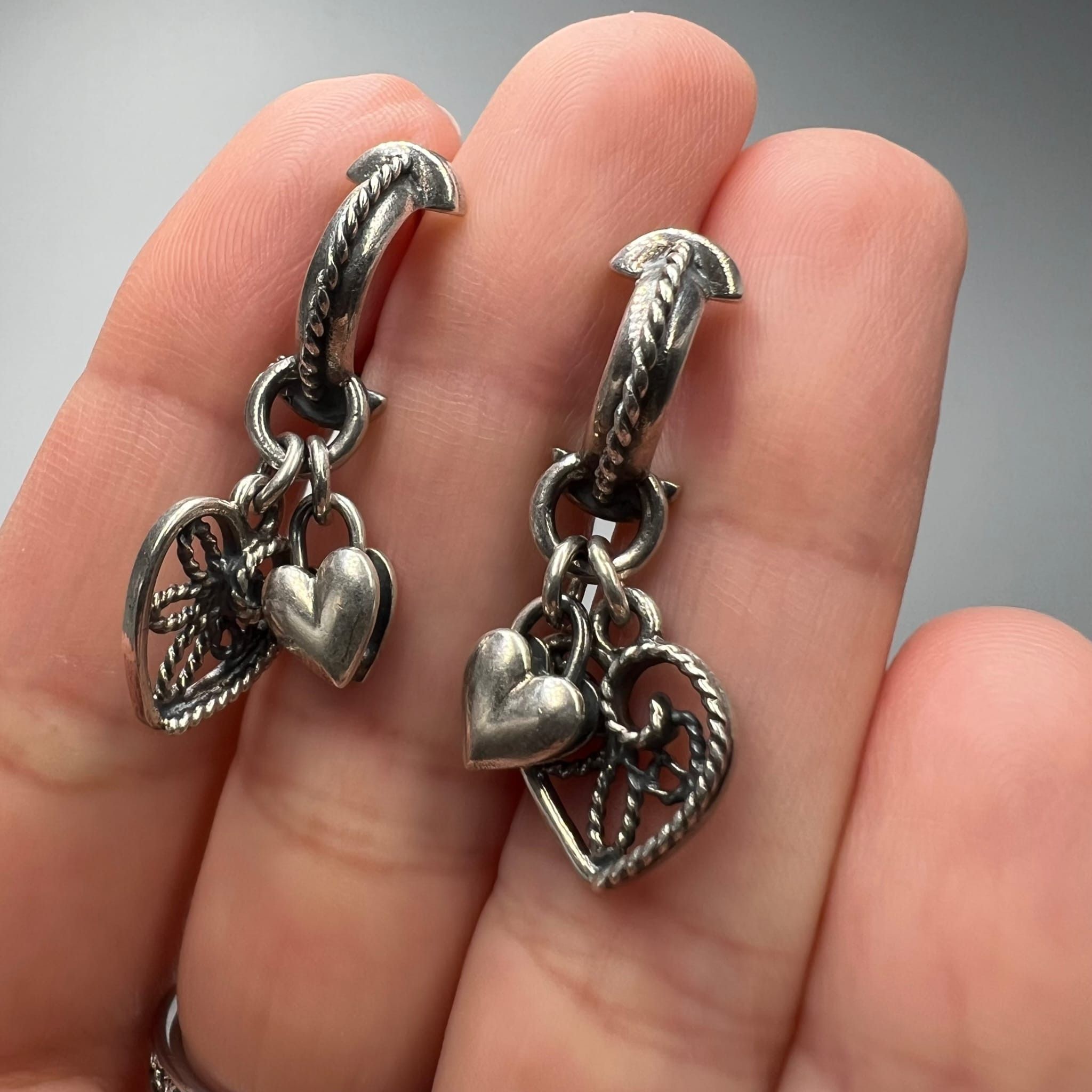 Vintage Sterling Silver 925 Women Heart Dangle Earrings