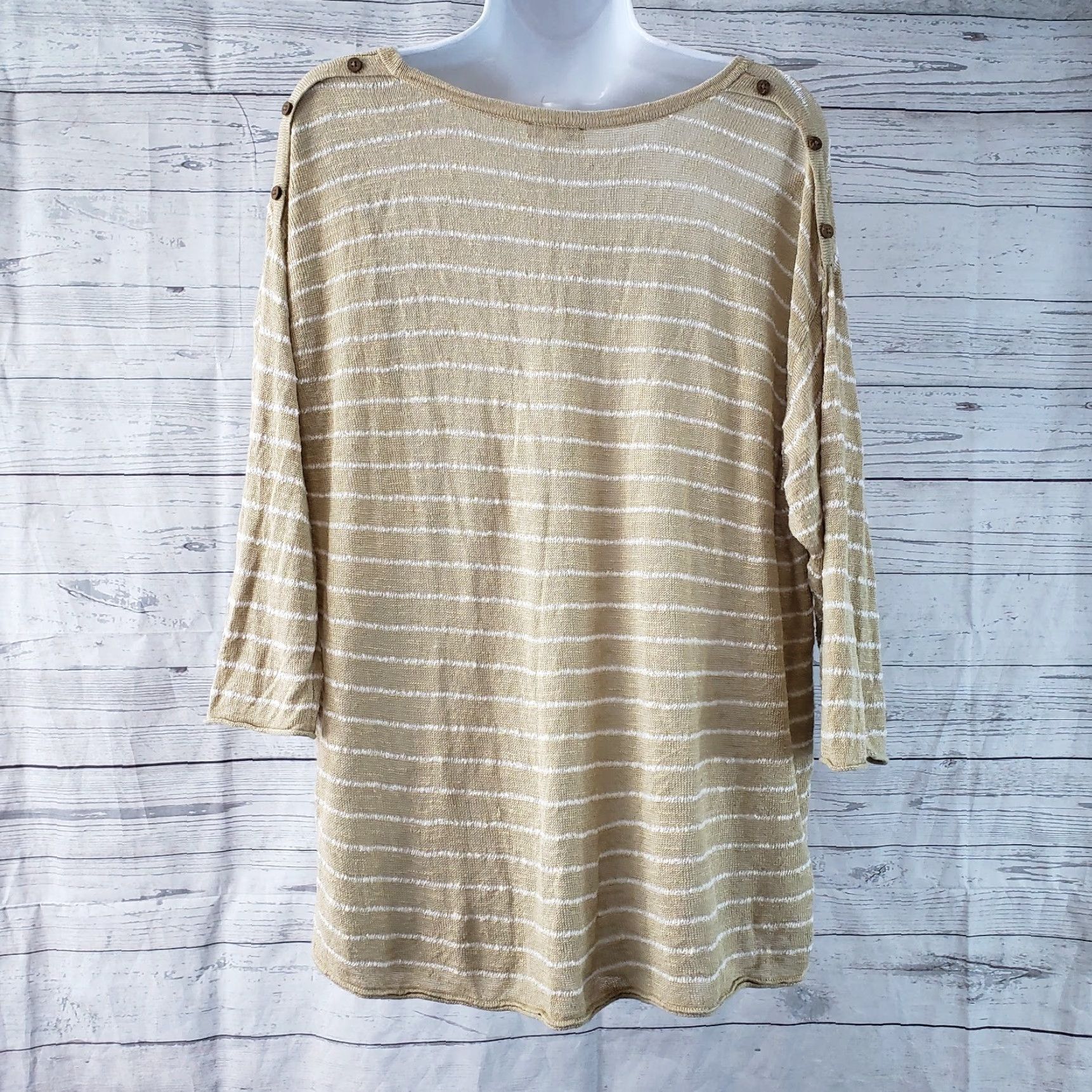 J. Jill J Jill Womens Knit Top Sz Large Tan White Striped Linen Blend Button Detail Shirt Womens L Brown Linen Blend Knit Top with Button Detail Size L / US 10 / IT 46 - 3 Thumbnail
