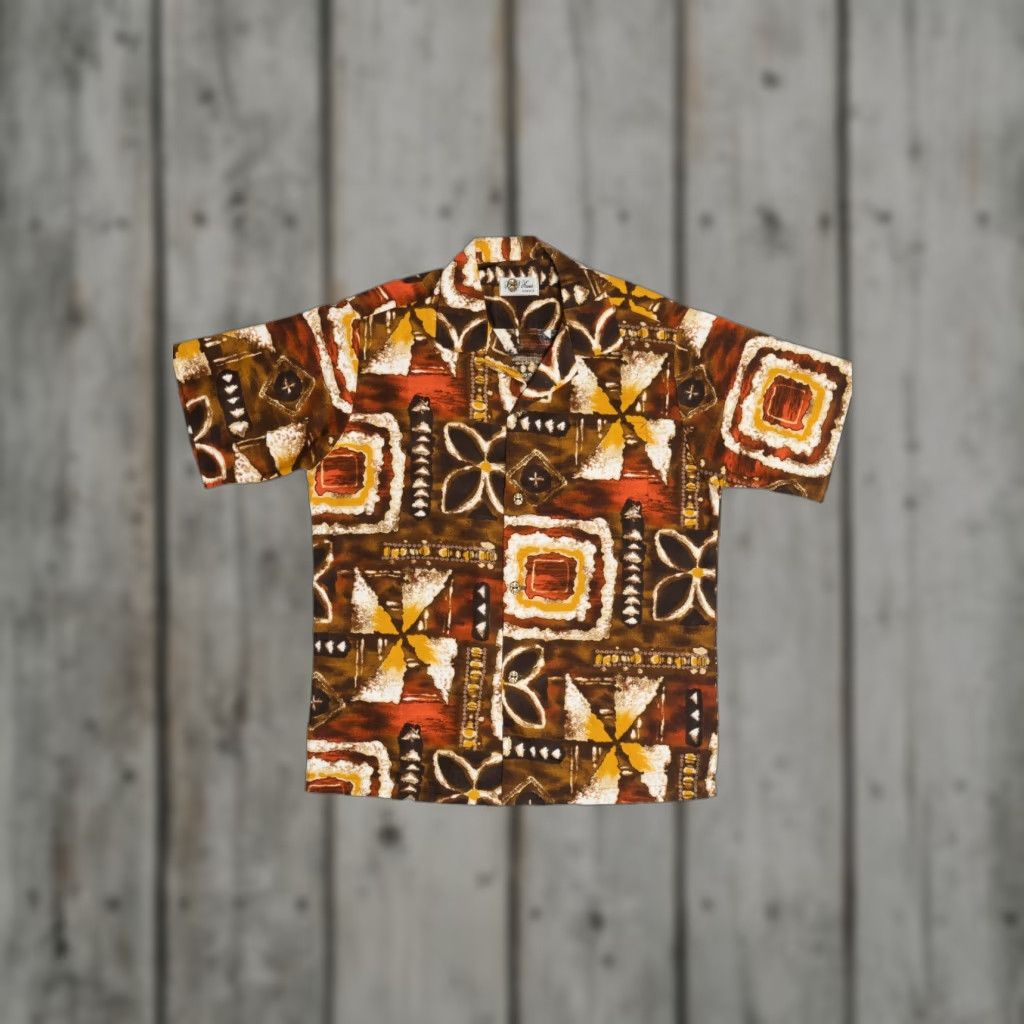 Vintage VINTAGE Kay O' Kauai Hawaiian Shirt L Brown 1950s Tiki Buttons Short Sleeve Mens Size US L / EU 52-54 / 3 - 1 Thumbnail
