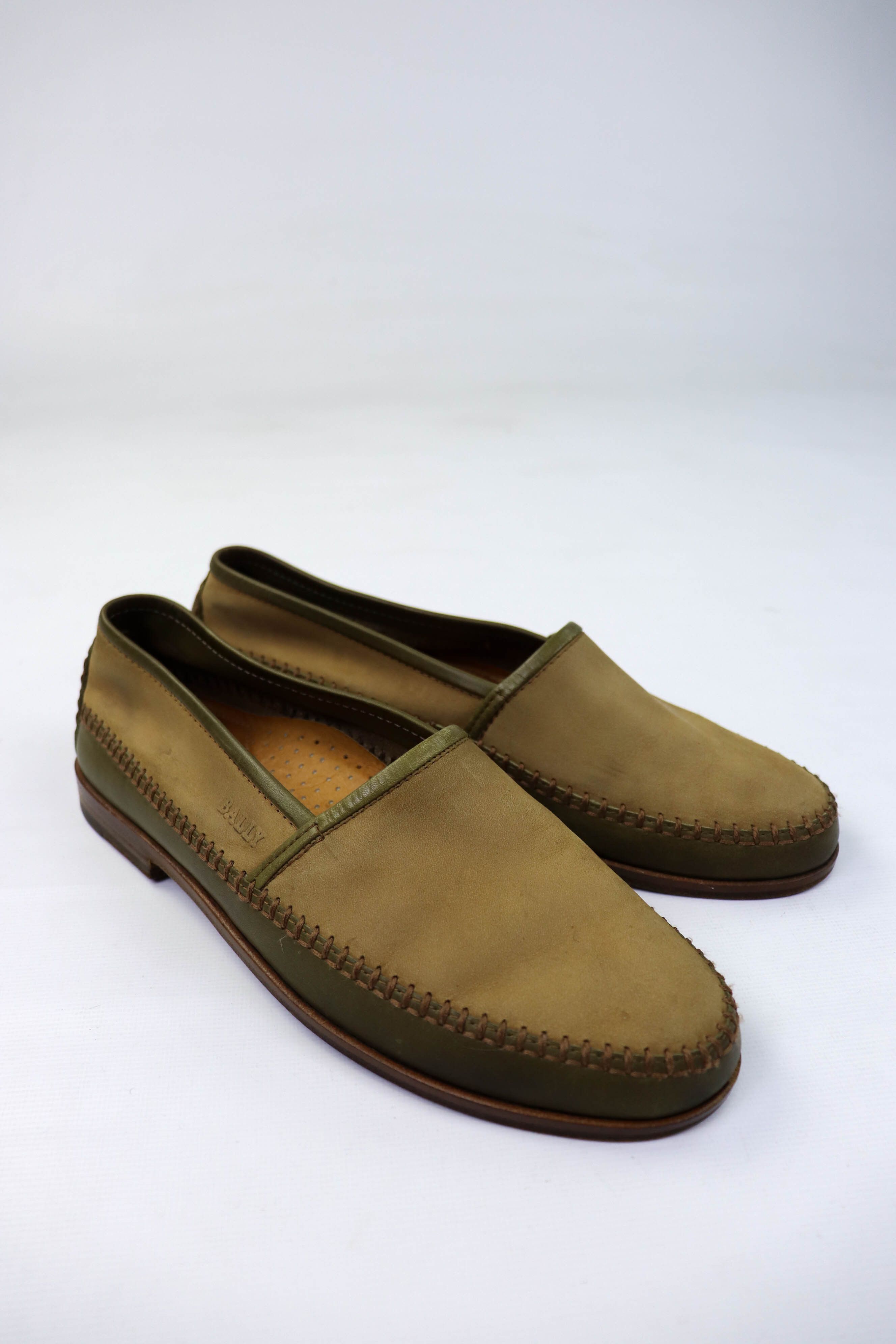 BALLY Vintage Olive Green Nubuck/Leather Loafers Shoes