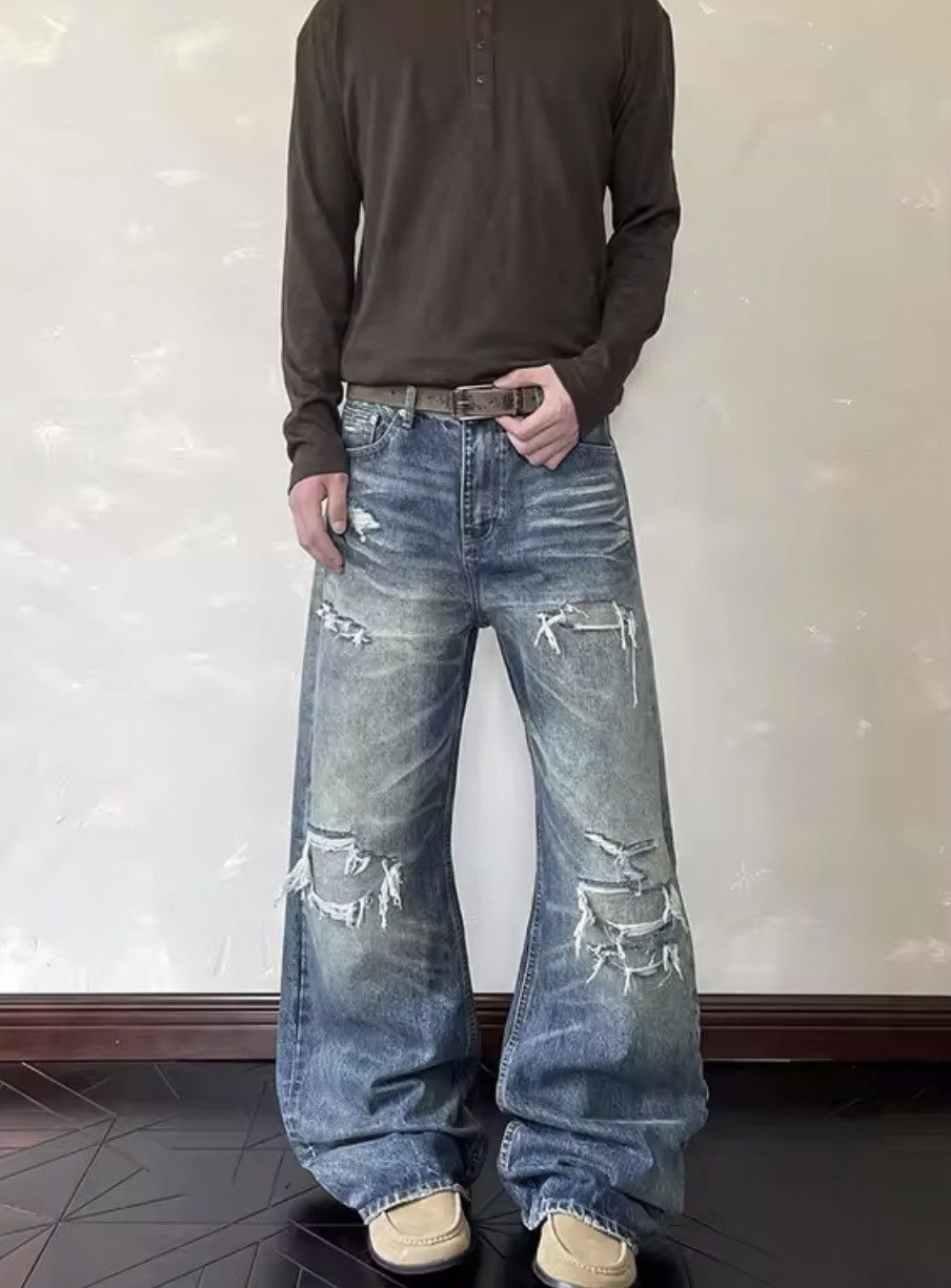 Japanese Brand HEAVY Distressed Ultra-Baggy Denim - Y2K Stacked Fit Size US 33 - 4 Thumbnail