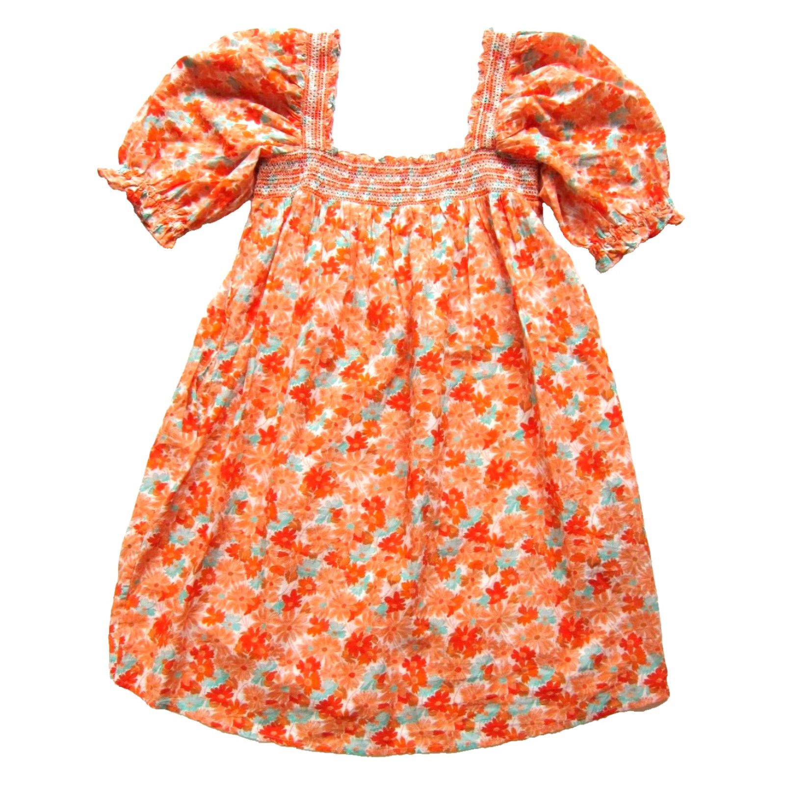 Vintage VINTAGE Something Navy Orange Blue White Floral Puff Sleeve Pocket Smock Mini Dress S Size S / US 4 / IT 40 - 2 Thumbnail