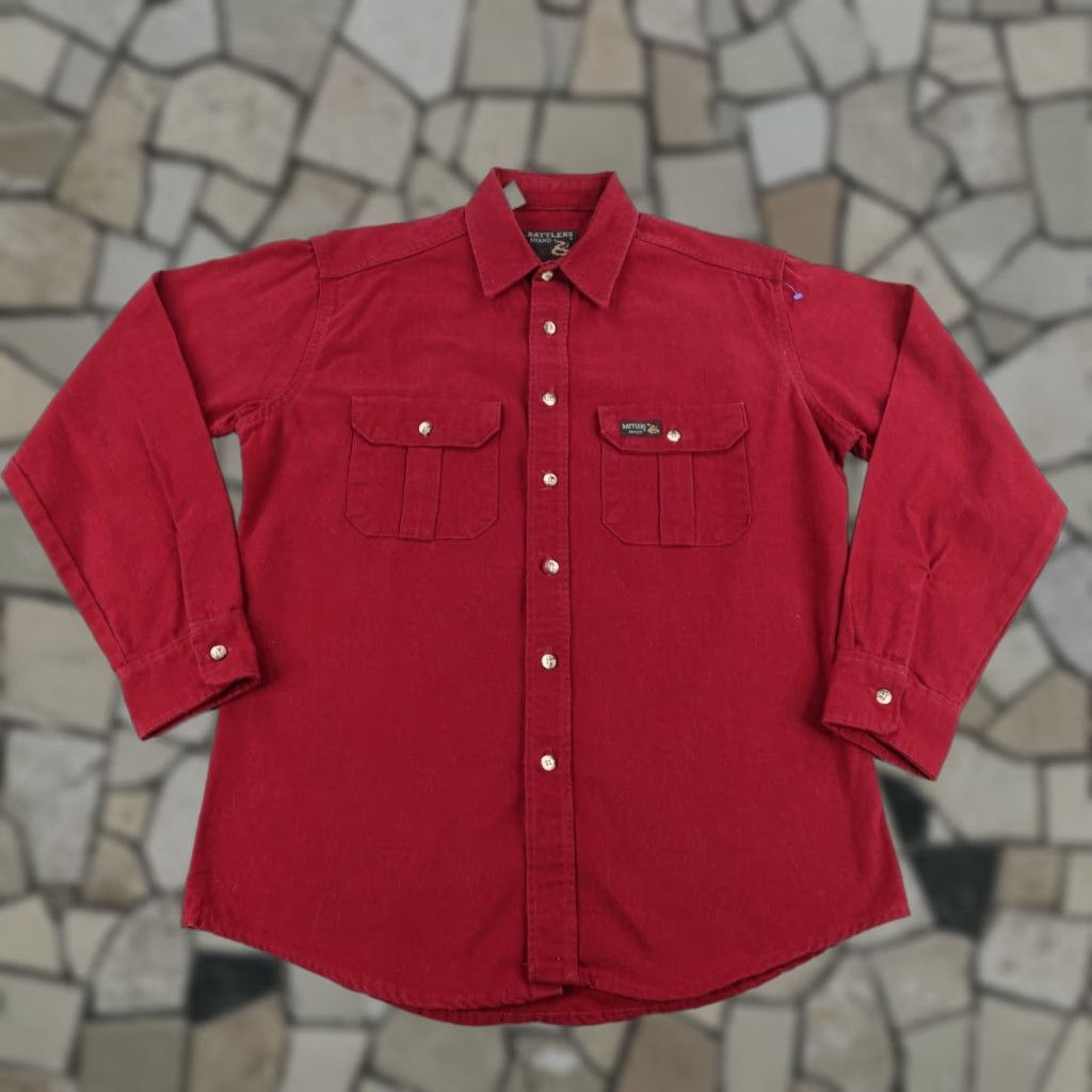 J Brand VINTAGE Rattlers Brand Shirt Men’s Medium Red Canvas Button-Up Western Cowboy Long Sleeve Casual Workwear 1960s 70s Mens Size US M / EU 48-50 / 2 - 1 Thumbnail