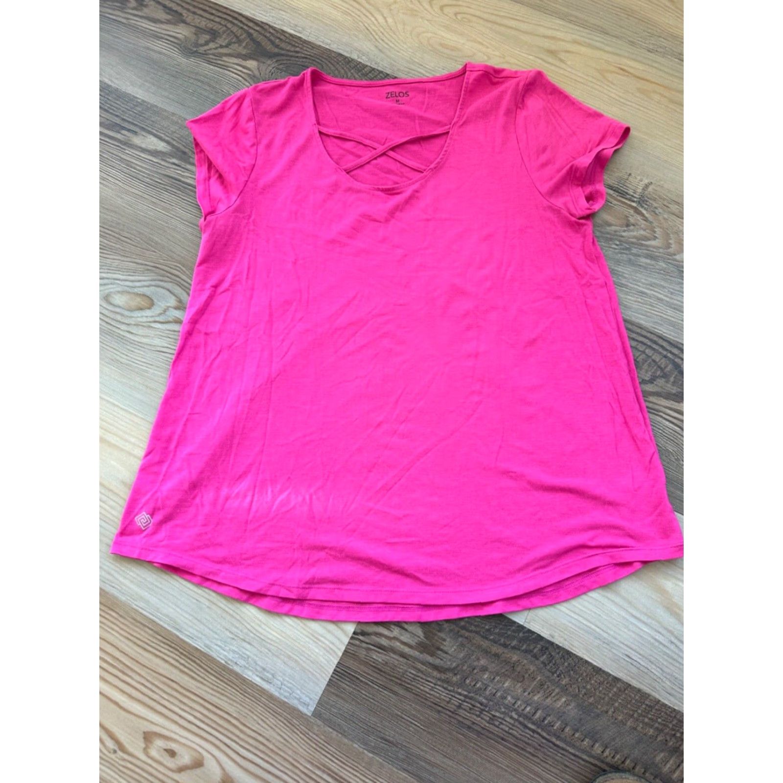 Vintage ZELLOS Knit Tee Pink Scoop Neck Short Sleeve Hi/Lo Hem Criss-Cross Straps Size Medium Womens Size M / US 6-8 / IT 42-44 - 2 Thumbnail