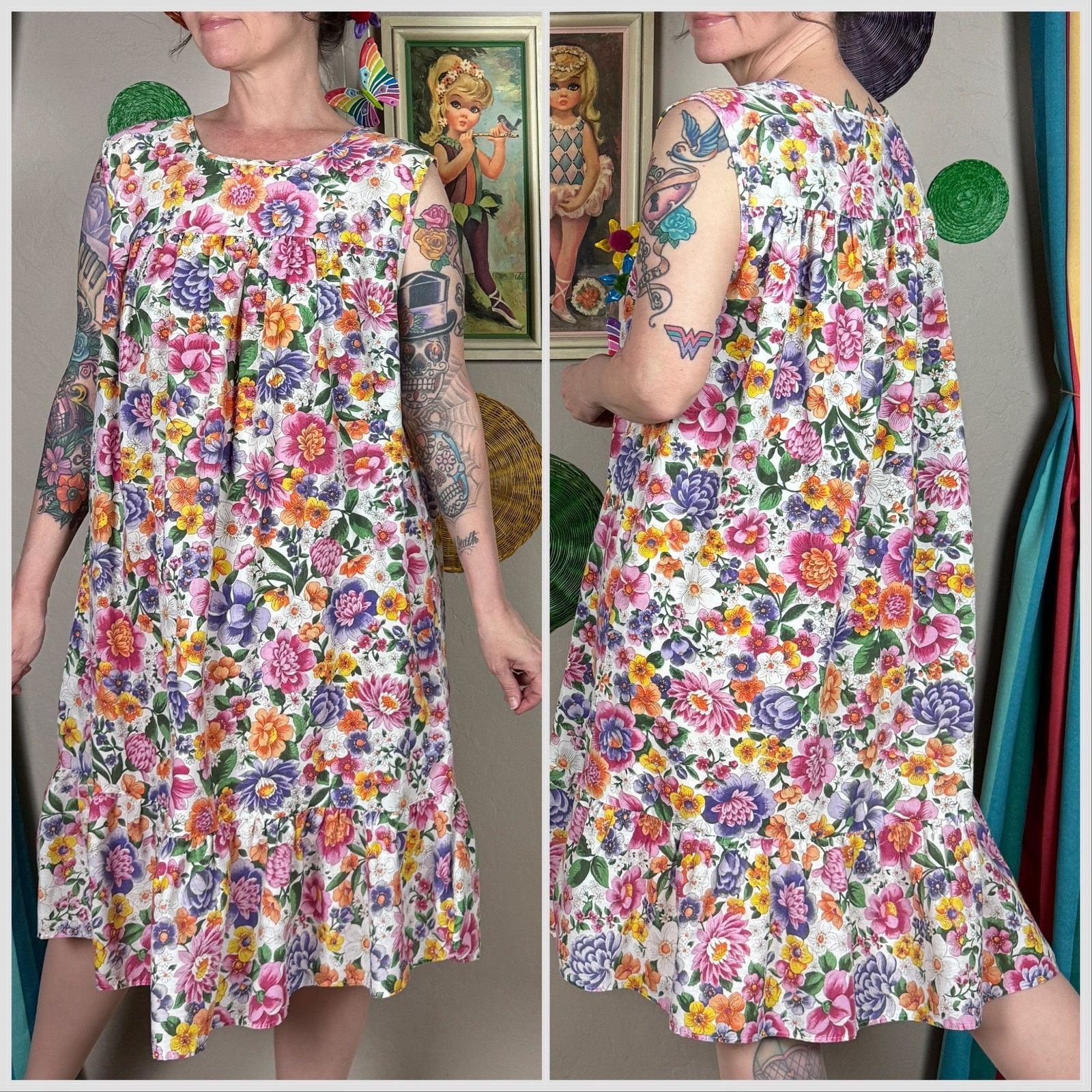 Vintage Vintage 1980s Spring Floral Sleeveless House Dress Size M / US 6-8 / IT 42-44 - 3 Thumbnail