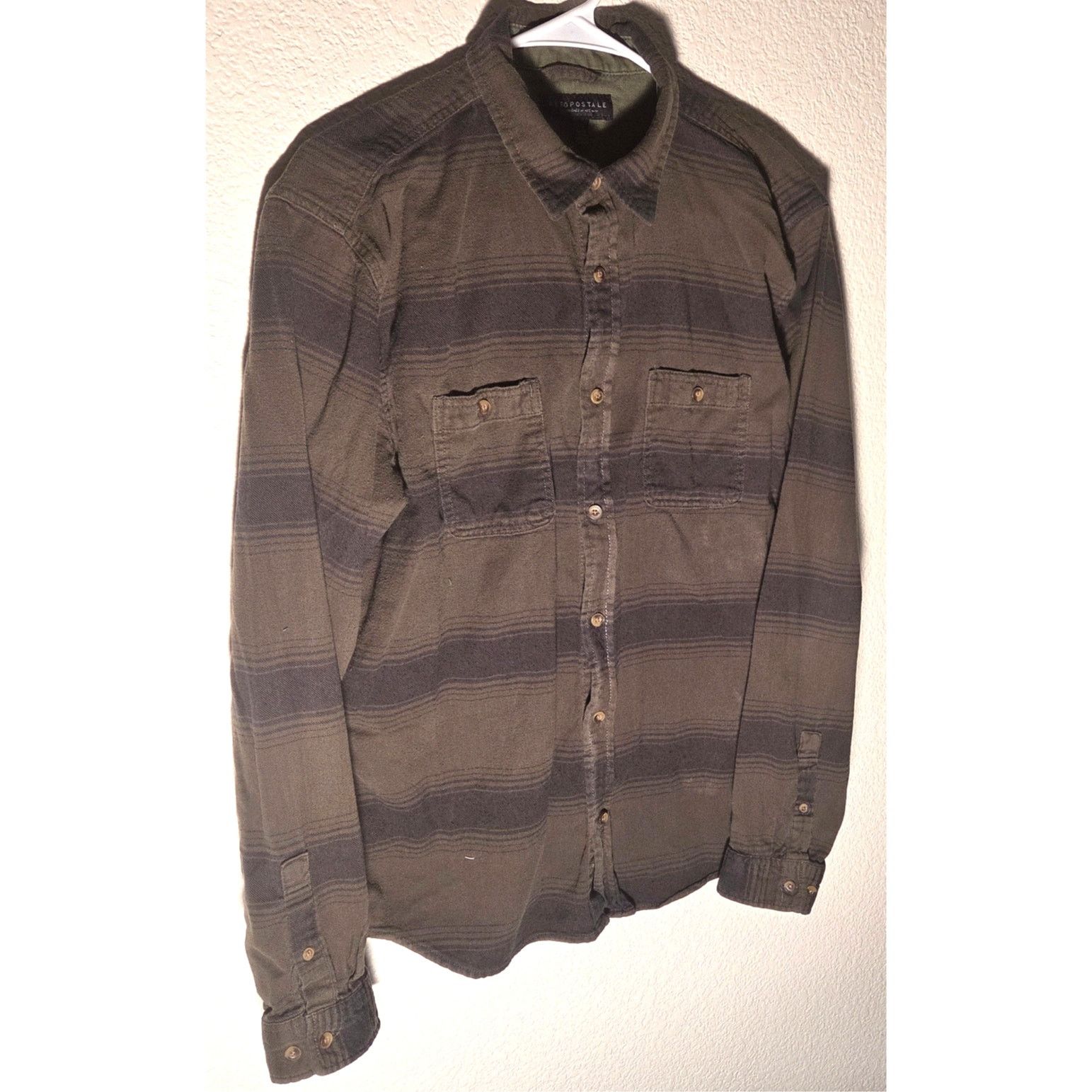 Aeropostale Aeropostale Army Green Striped Button-Up Shirt - Large Size US L / EU 52-54 / 3 - 2 Thumbnail