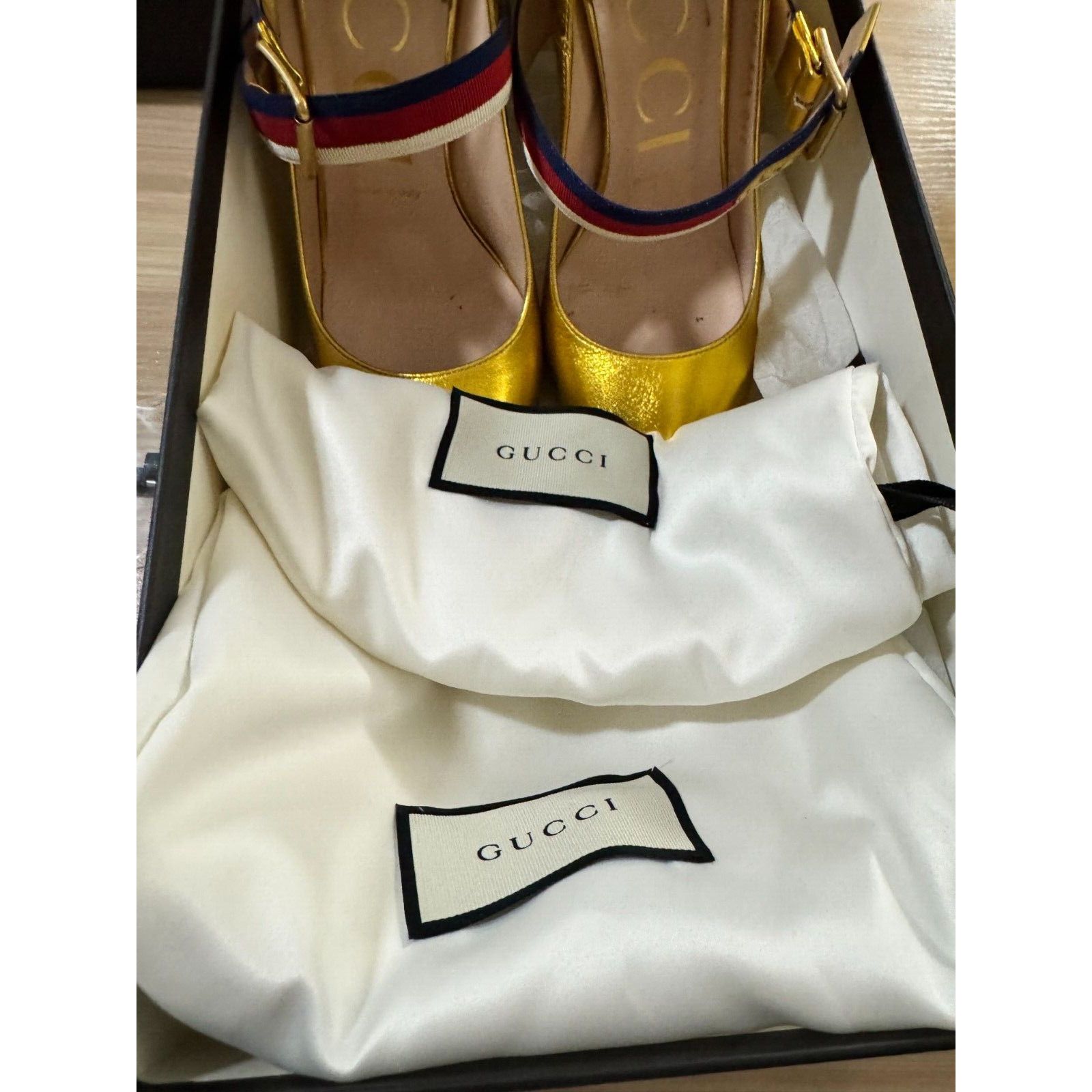 Gucci Gucci RARE Sylvie GOLD Mary Jane Heels 7/37.5 Size US 7 / IT 37 - 4 Thumbnail