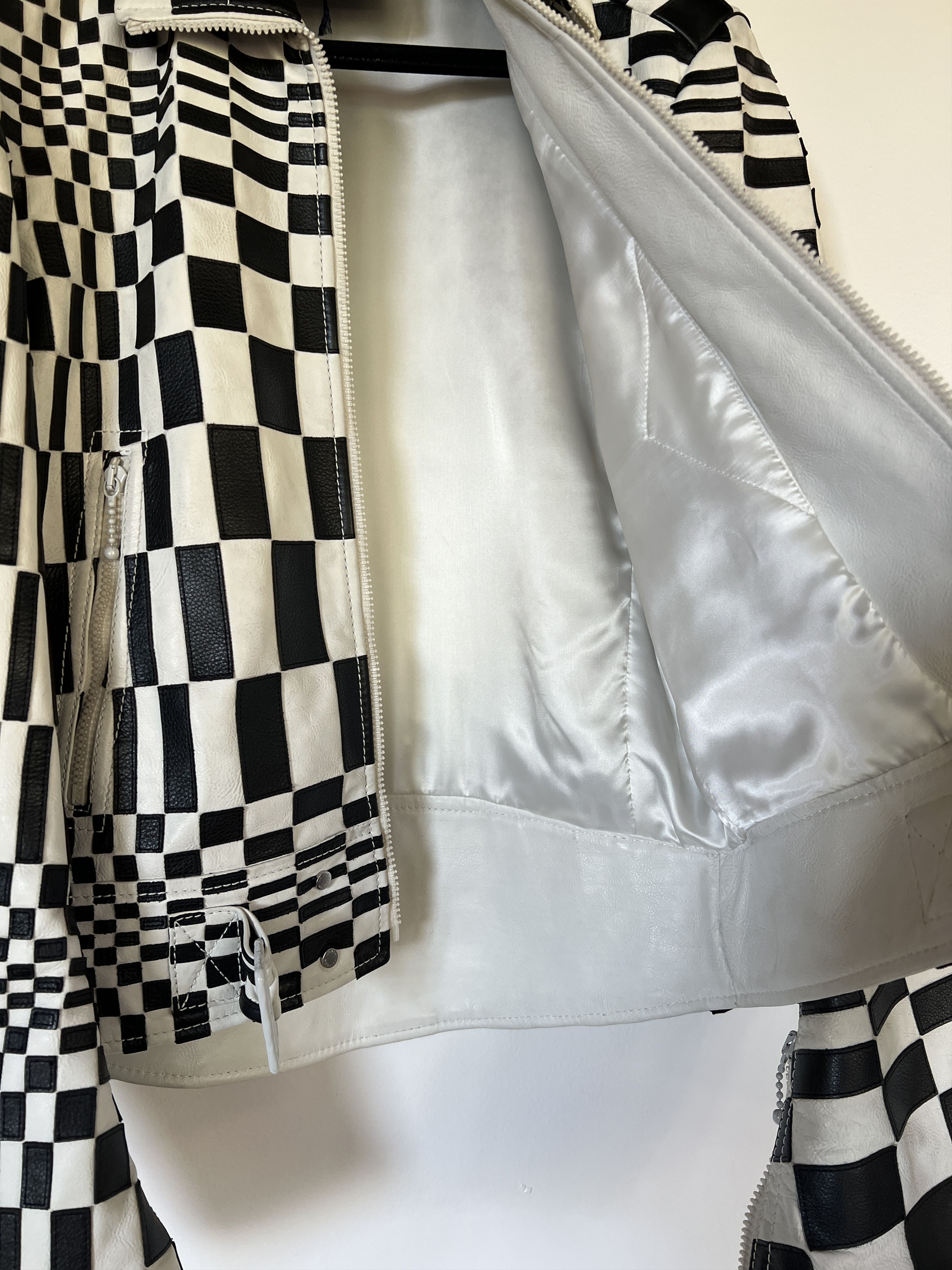 SS21 RUNWAY CHECKER PATCHWORK LEATHER BIKER JACKET SZ 46