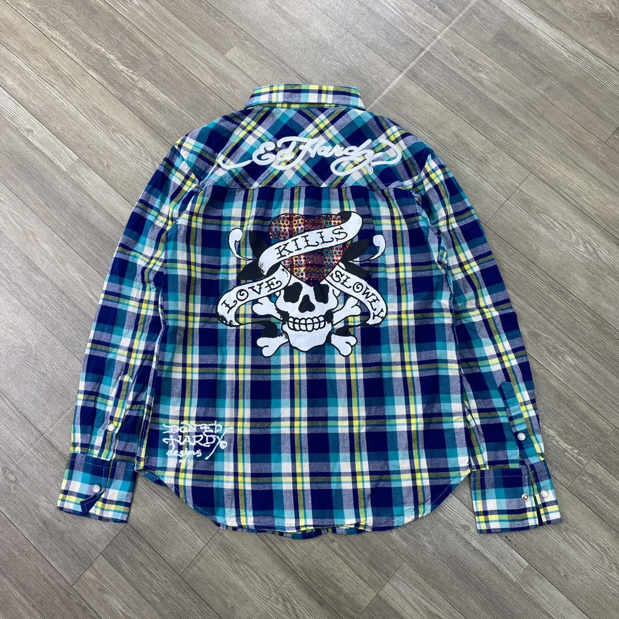 Ed Hardy Vintage Ed Hardy Skulls Tattoo Embroidery Plaid Shirt Y2K Size US M / EU 48-50 / 2 - 1 Thumbnail