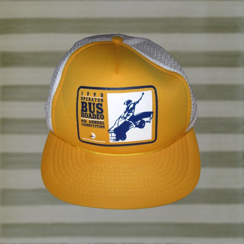 Vintage VINTAGE Hat Cap Mens One Size 1990 Bus Operator Roadeo Snapback Players Polyester Yellow/White Trucker Slim Buttoned? Size ONE SIZE - 1 Thumbnail