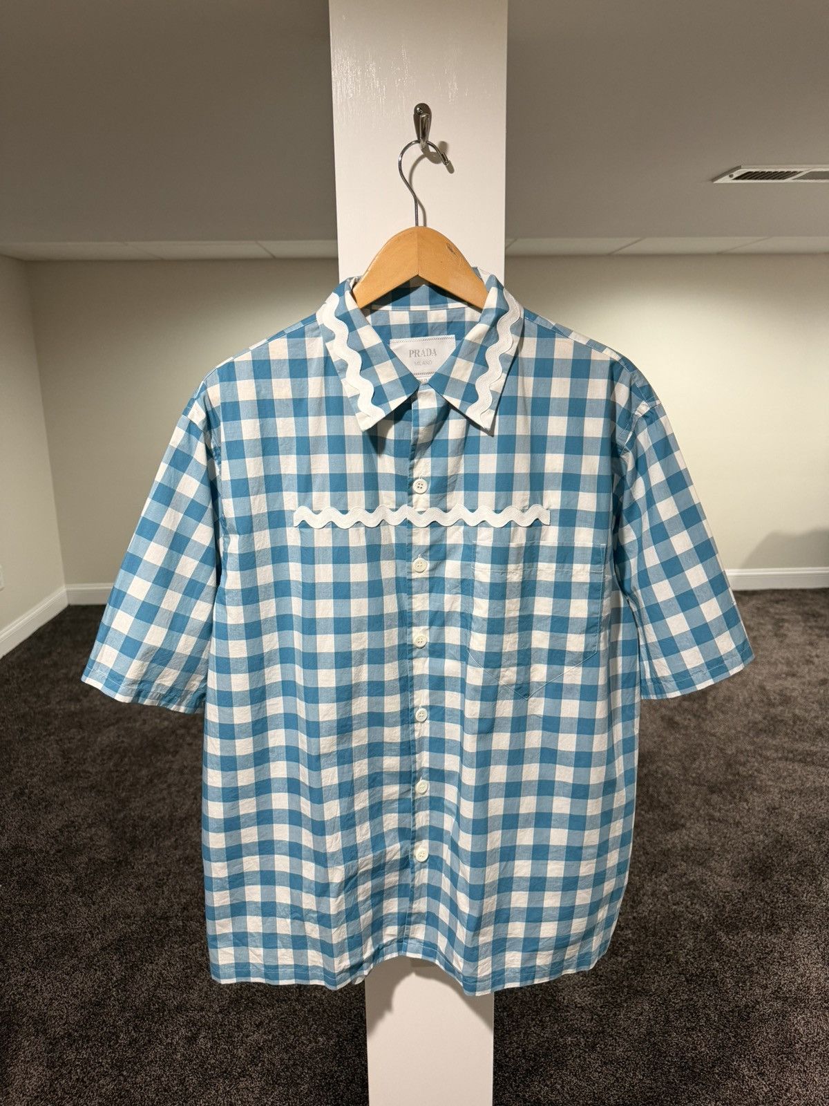 Prada PRADA x Raf SS23 Gingham Blue Plaid Stripe Button Logo Shirt Size US XL / EU 56 / 4 - 1 Thumbnail