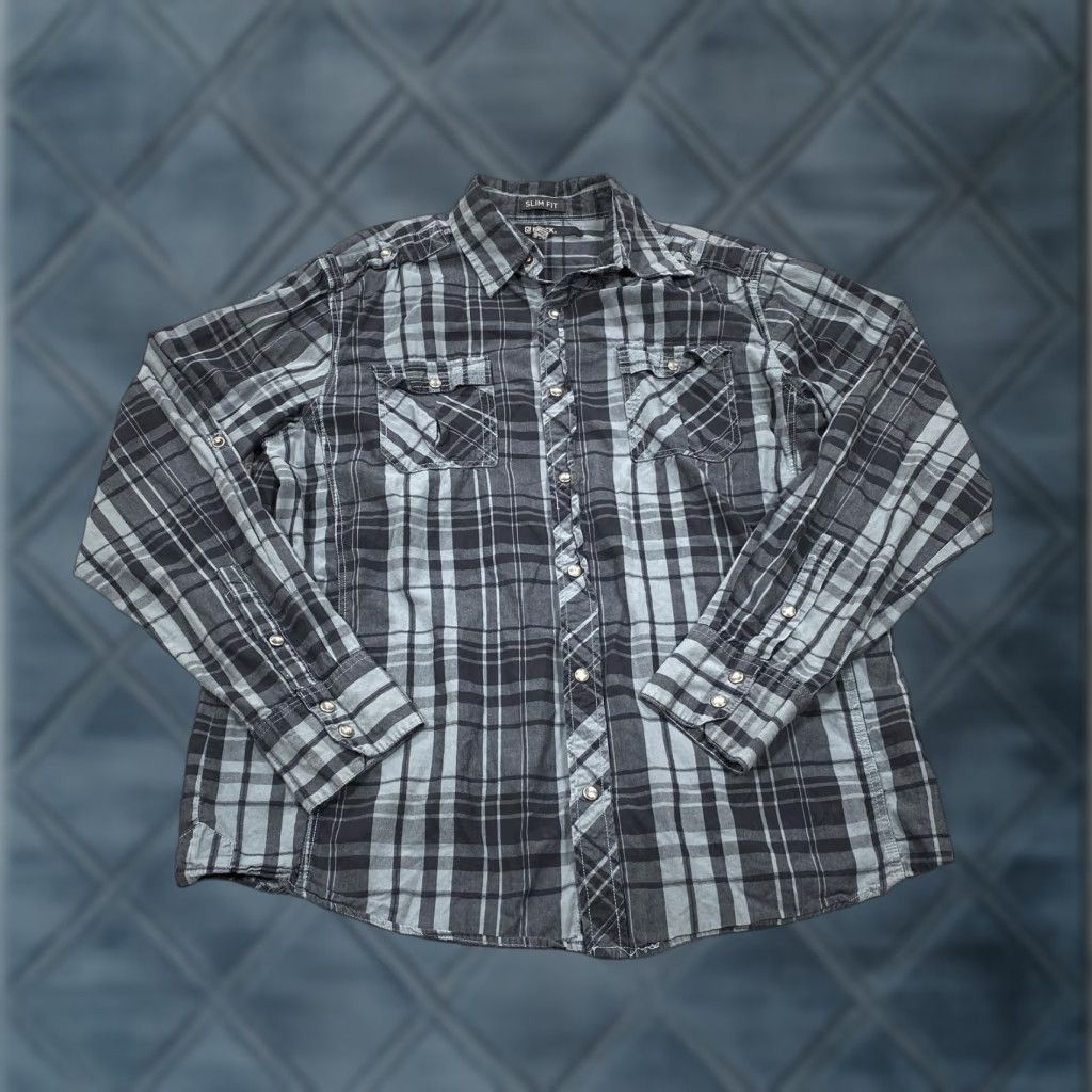 Vintage BLACK Shirt Mens Large Gray Plaid Long Sleeve Snap Button Slim Fit Western Size US L / EU 52-54 / 3 - 1 Thumbnail