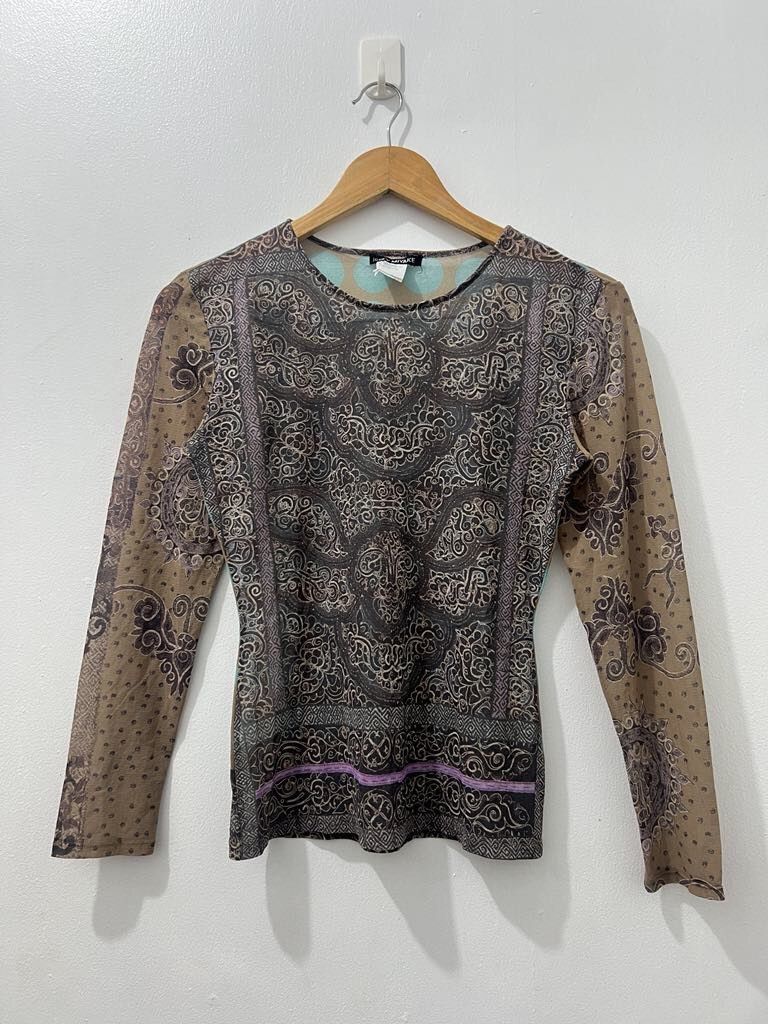 image of Archive Issey Miyake- Taupe Printed Mesh Top in Brown, Women's (Size Small)