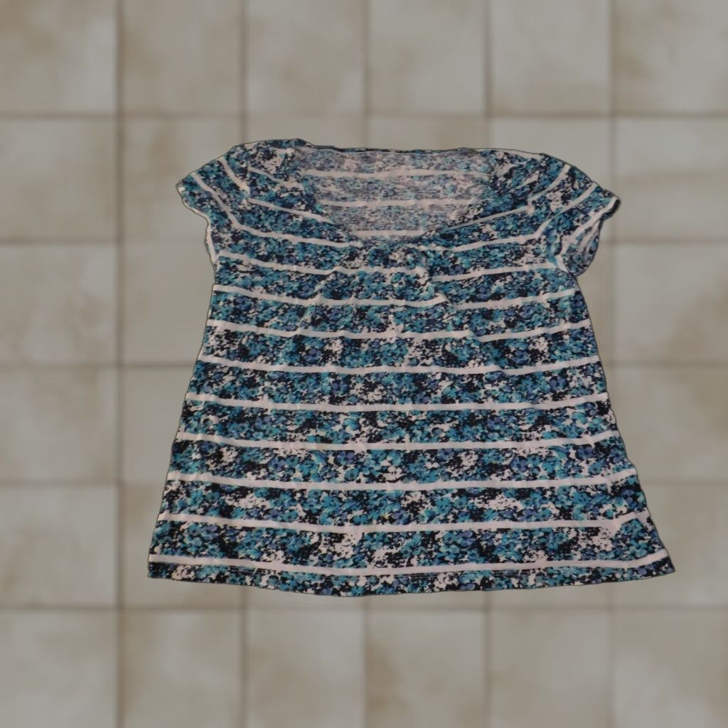 Loft Ann Taylor LOFT Shirt Womens XL Blue White Floral Stripe Short Sleeve Scoop Neck Size XL / US 12-14 / IT 48-50 - 1 Thumbnail