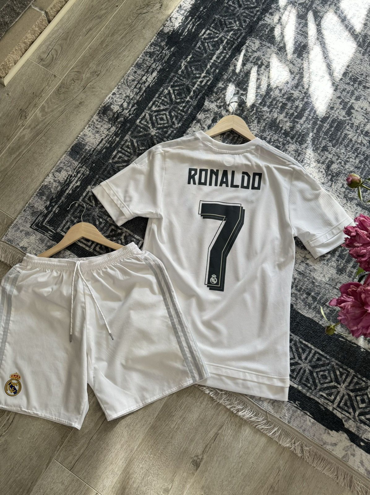 Image of Adidas x Real Madrid 7 Ronaldo 2015 Home Jersey + Shorts in White, Men's (Size Small)