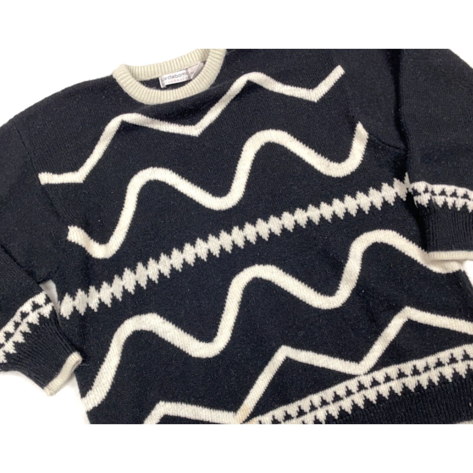 Liz Claiborne VTG 90s Geometric Abstract Sweater Women Large Black Ivory Liz Claiborne Pullover Knit Crew Neck Long Sleeve High Fashion Retro Hipster Size L / US 10 / IT 46 - 4 Thumbnail