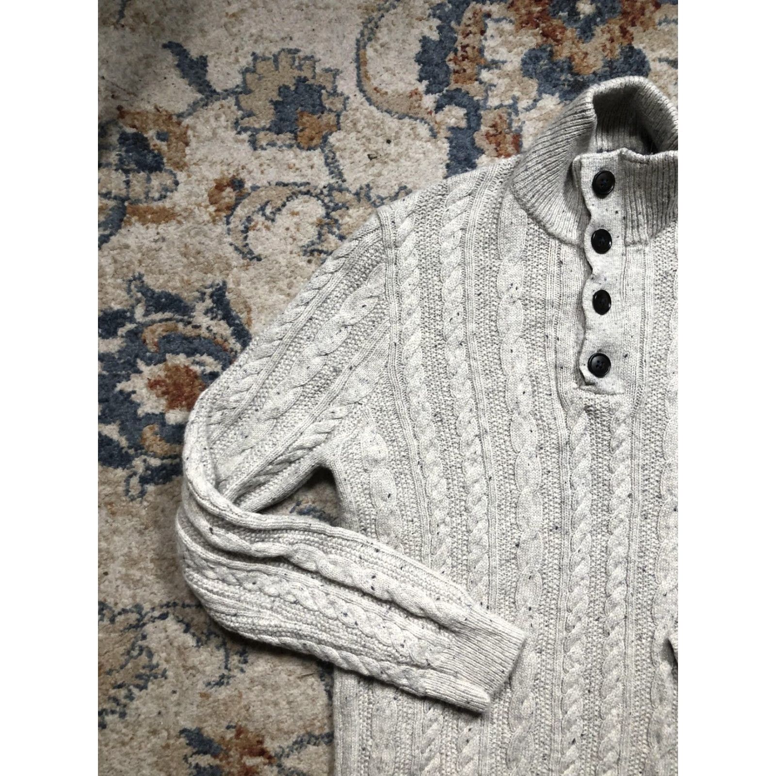 Marks & Spencer Marks & Spencer Sweater Mens Medium Gray Cable Knit Mock Neck Henley Wool Blend Size US M / EU 48-50 / 2 - 3 Thumbnail