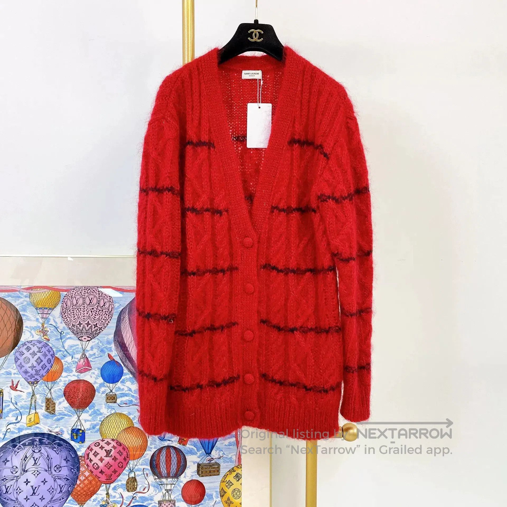 Saint Laurent Paris Saint Laurent Red Striped Cable Knit Cardigan. Size XS / US 0-2 / IT 36-38 - 1 Thumbnail