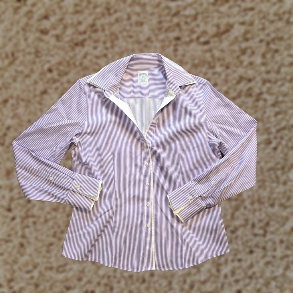 Brooks Brothers Brooks Brothers Top Womens Size 10P Petite Purple White Striped Button Career Shirt Size L / US 10 / IT 46 - 1 Thumbnail