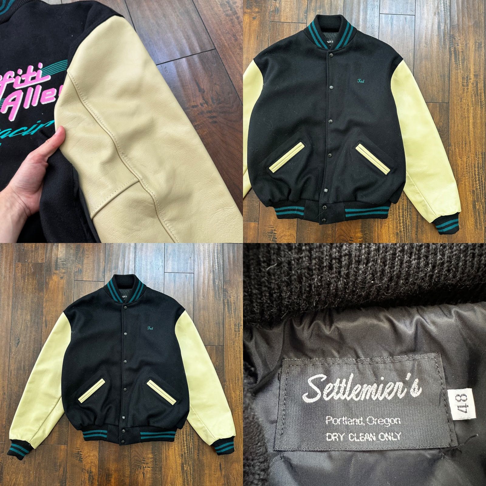 Vintage VTG Graffiti Alley Varsity Leather Letterman 70s Jacket 48 Portland Cars Racing Blue Wool Pattern Solid Men Jacket 80s Classic Preppy Varsity Mens Size US M / EU 48-50 / 2 - 7 Thumbnail