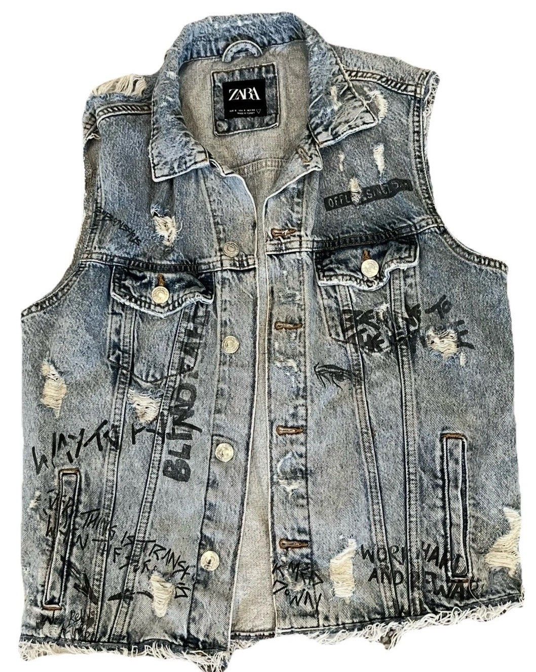 Other Zara Distressed Denim Graffiti Jean Sleeveless Jacket Vest Size US S / EU 44-46 / 1 - 1 Thumbnail