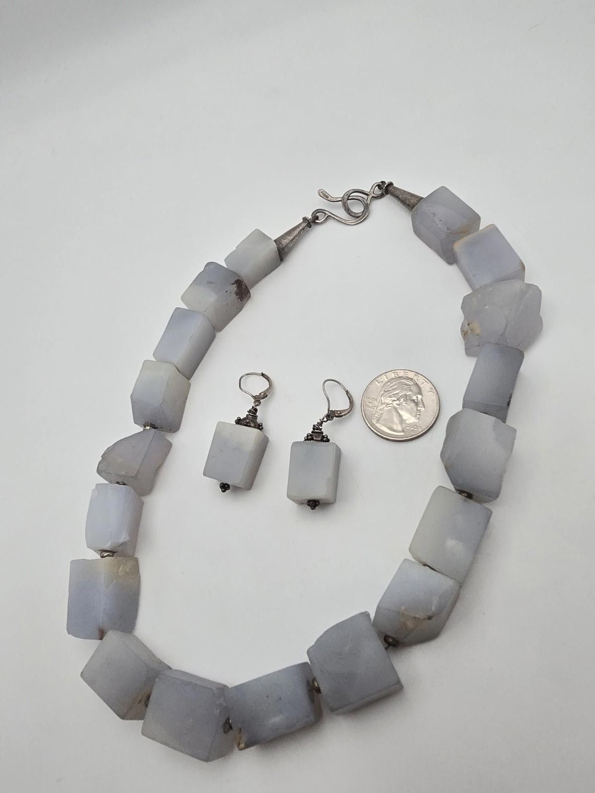 Vintage Chunky Blue Chalcedony Necklace Set Sterling Cones