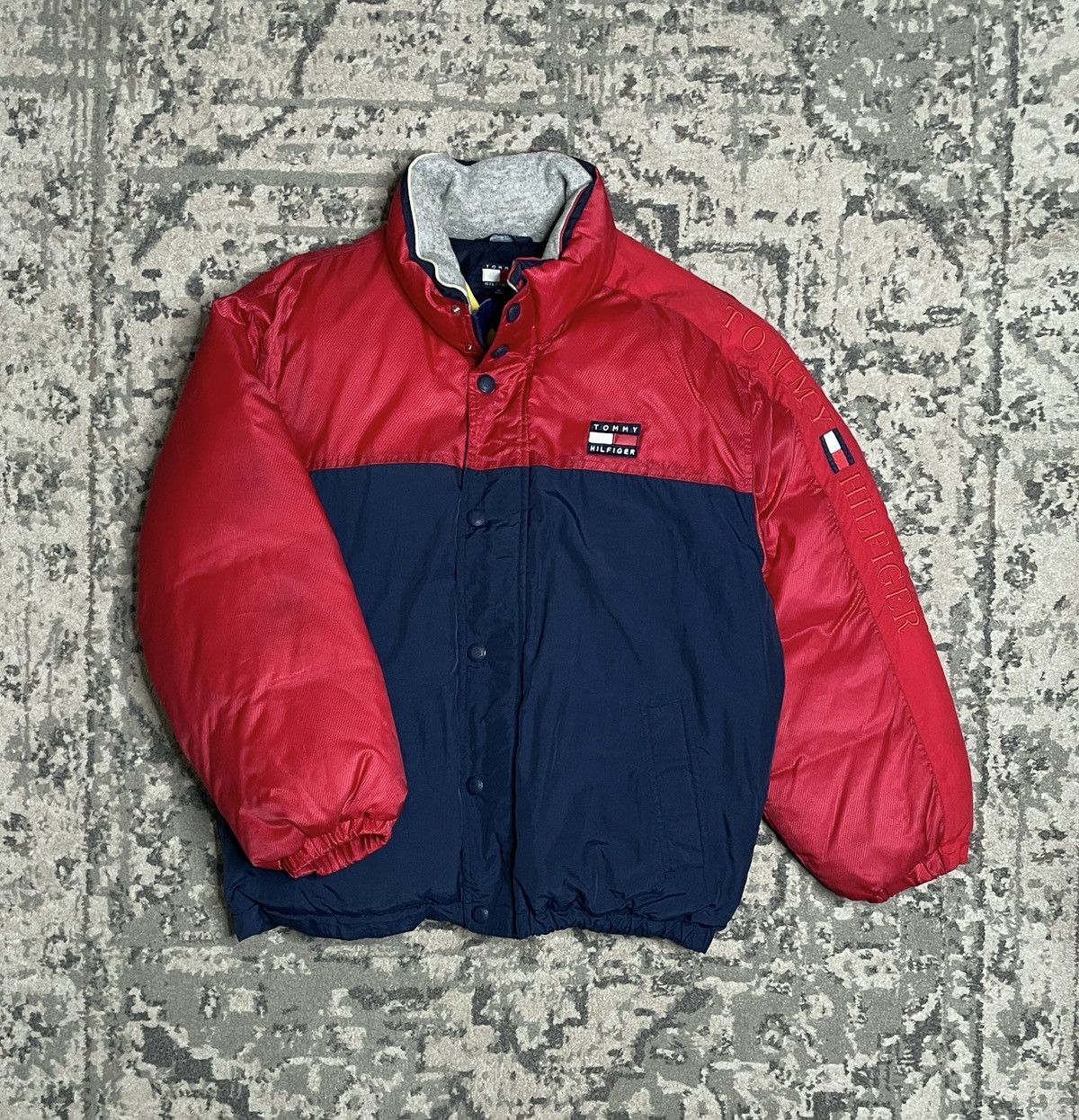 Vintage Navy Red Puffer Down Jacket Tommy Hilfiger Rap Logo