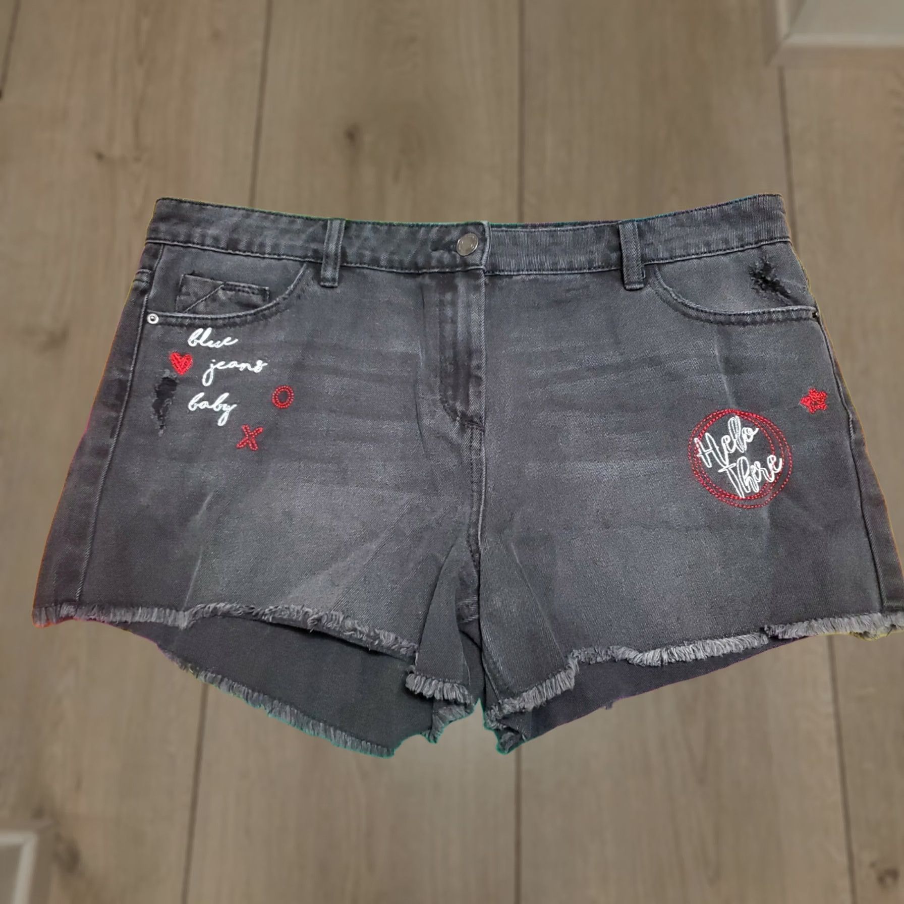 NEXT NEXT Women's Black Raw Hem Embroidered Jean Shorts SZ 14 UK 42 Short Denim Women Dark Black 3in Inseam Embroidered Frayed Jeans Size 36" / US 14 / IT 50 - 1 Thumbnail