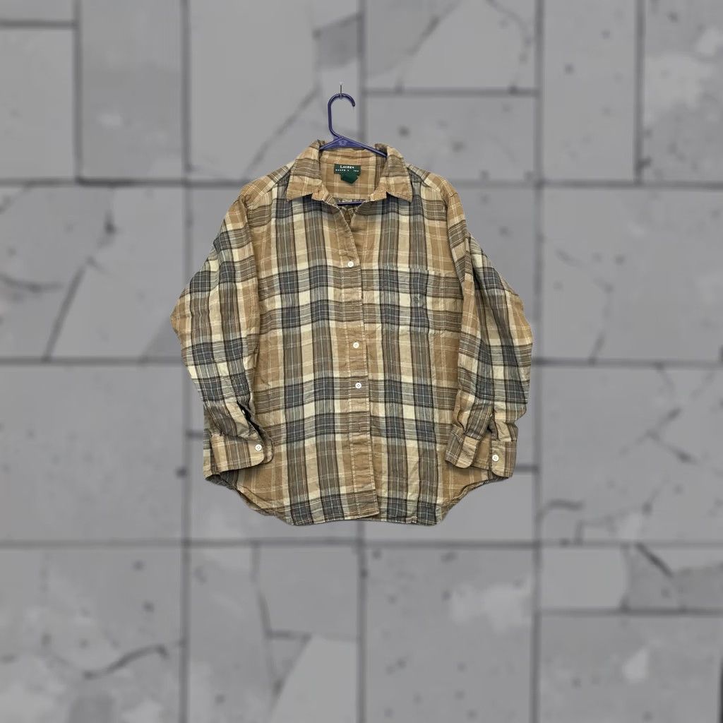 Ralph Lauren Lauren Ralph Lauren Womens 16 Tan Plaid 100% Linen Shirt Button Front Collared Size XXL / US 16-18 / IT 52-54 - 1 Thumbnail