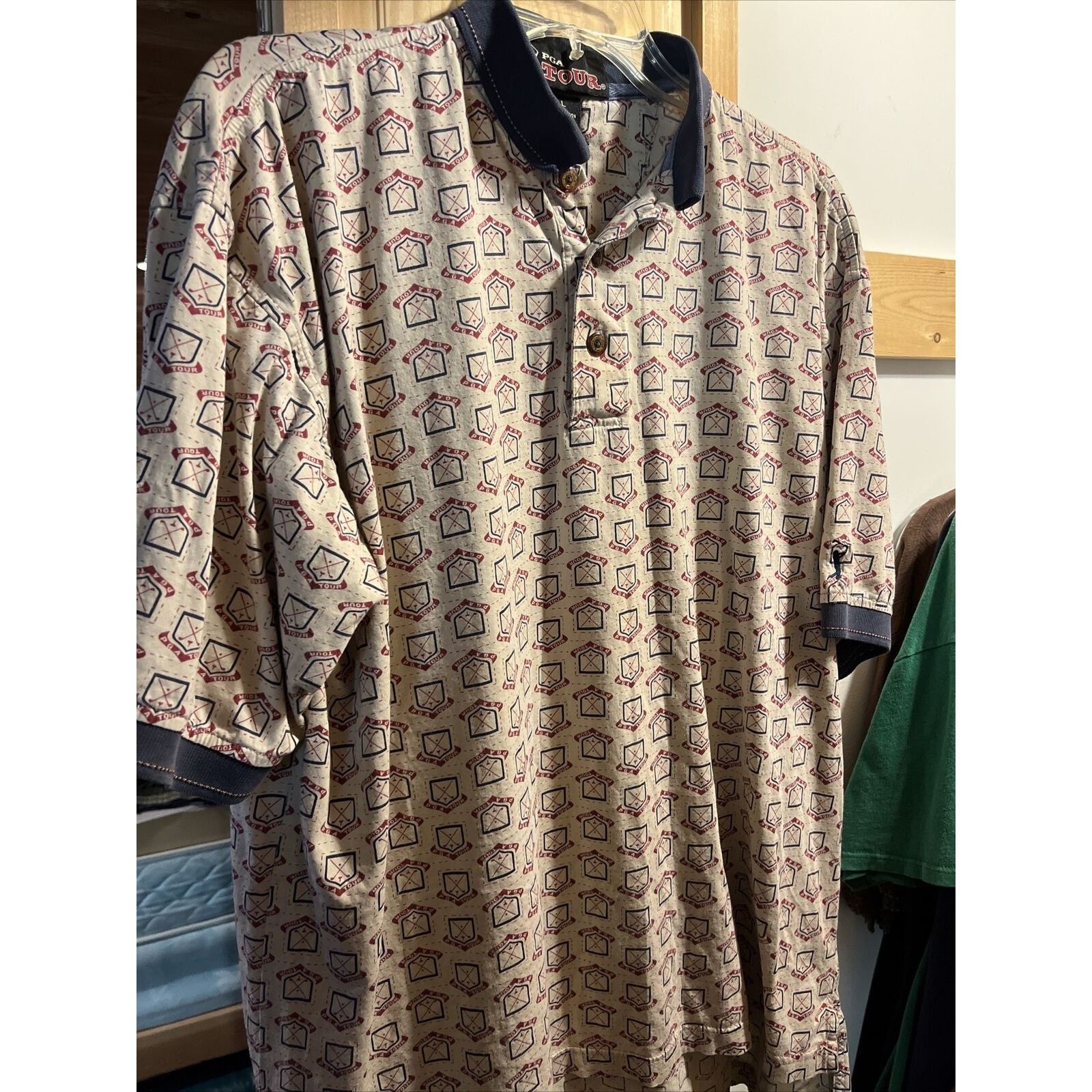 PGA Tour PGA Tour Men’s L Beige PGA Print Button Up Cotton Polo Shirt Size US L / EU 52-54 / 3 - 7 Thumbnail