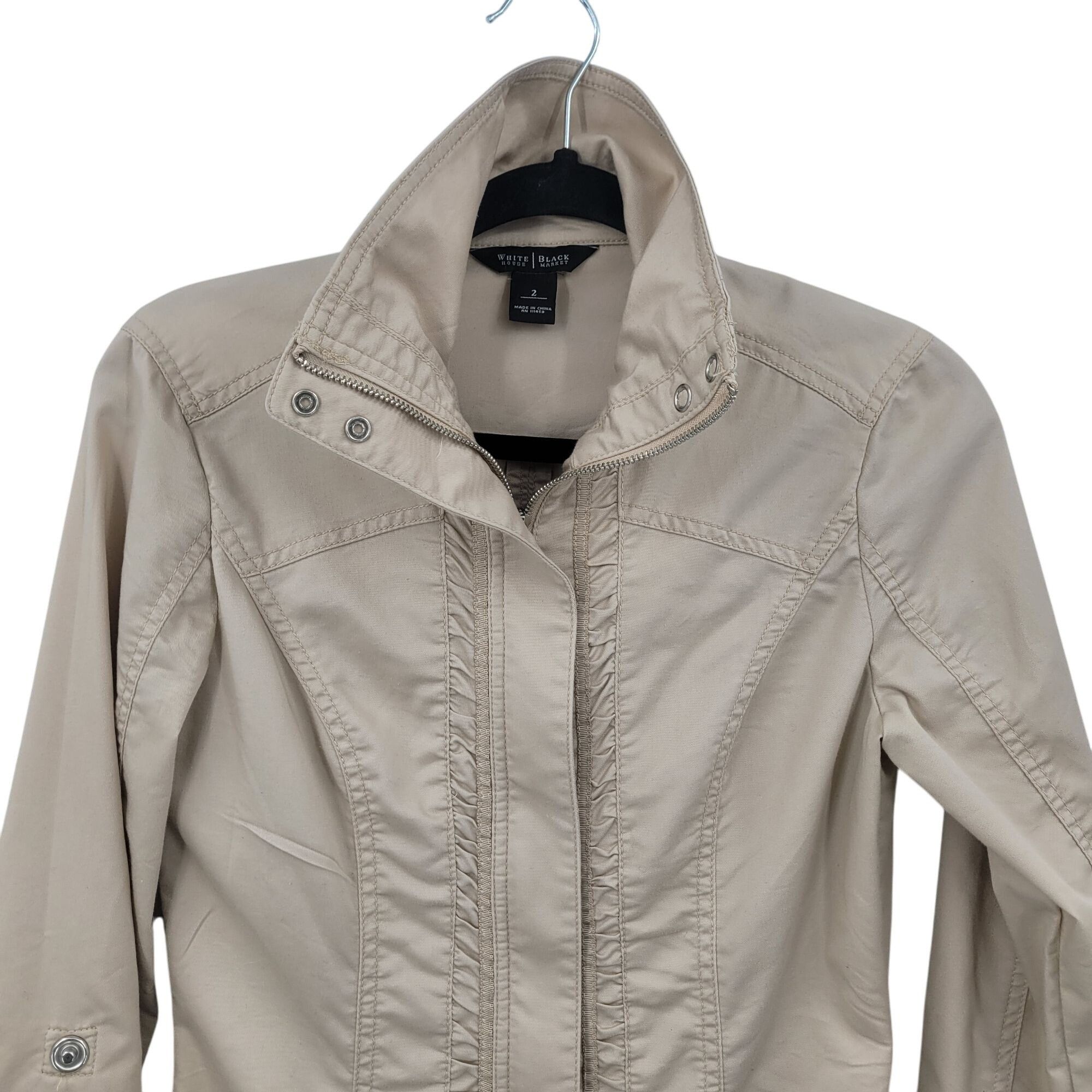 White House Black Market WHBM Womens Cream Lightweight Jacket 2 Ruched Cotton Zip Ne Size S / US 4 / IT 40 - 11 Thumbnail