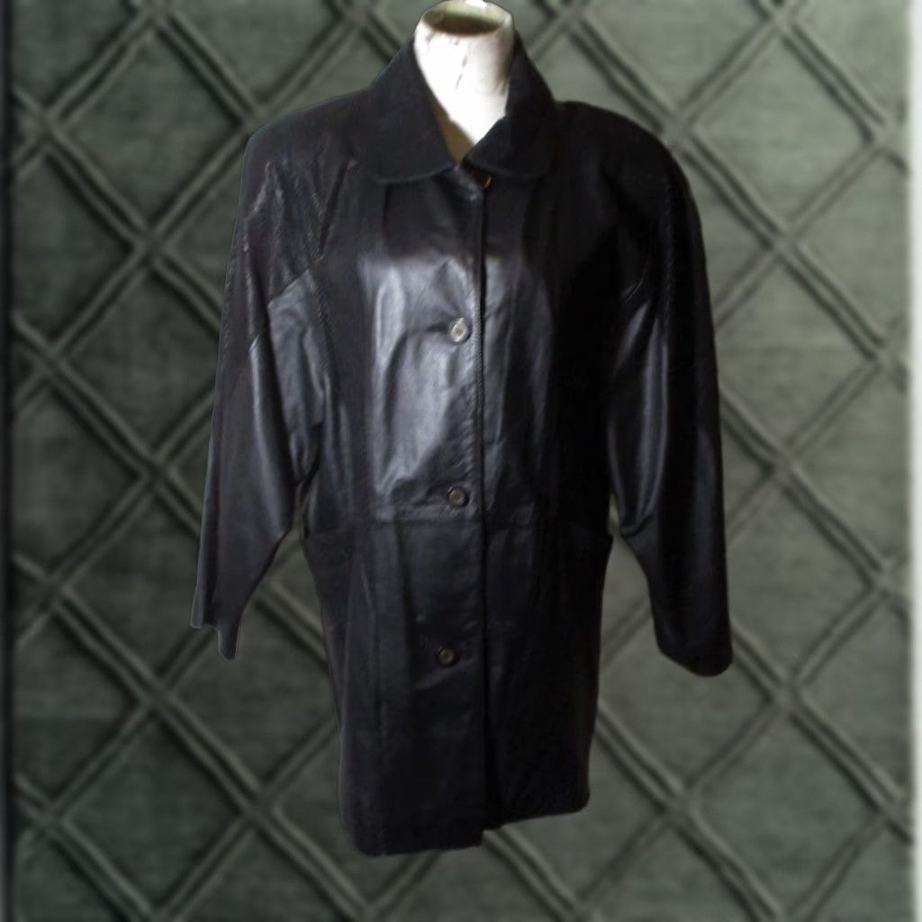 JACQUELINE FERRAR Women's Black Leather Coat Size M Long Sleeve Buttoned Regular Fit