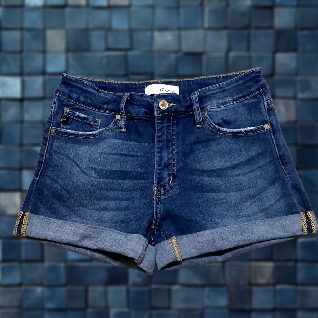 Vintage Kancan Jeans Shorts Blue Denim Dark Wash Mid Rise Inseam 3" Cuffed 5-Pocket Stretch Casual Womens Size 28 Shorts Size 28" / US 6 / IT 42 - 1 Thumbnail