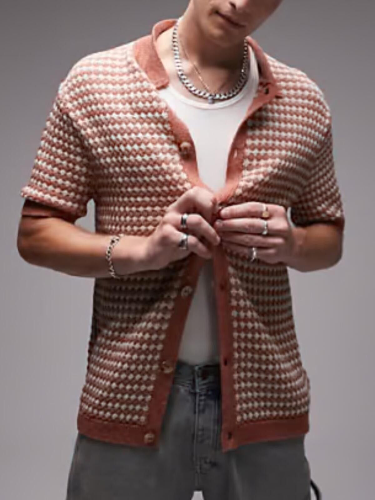 Topman Topman / Crochet Knit Button Up Polo Textured / Rust Size US M / EU 48-50 / 2 - 1 Thumbnail