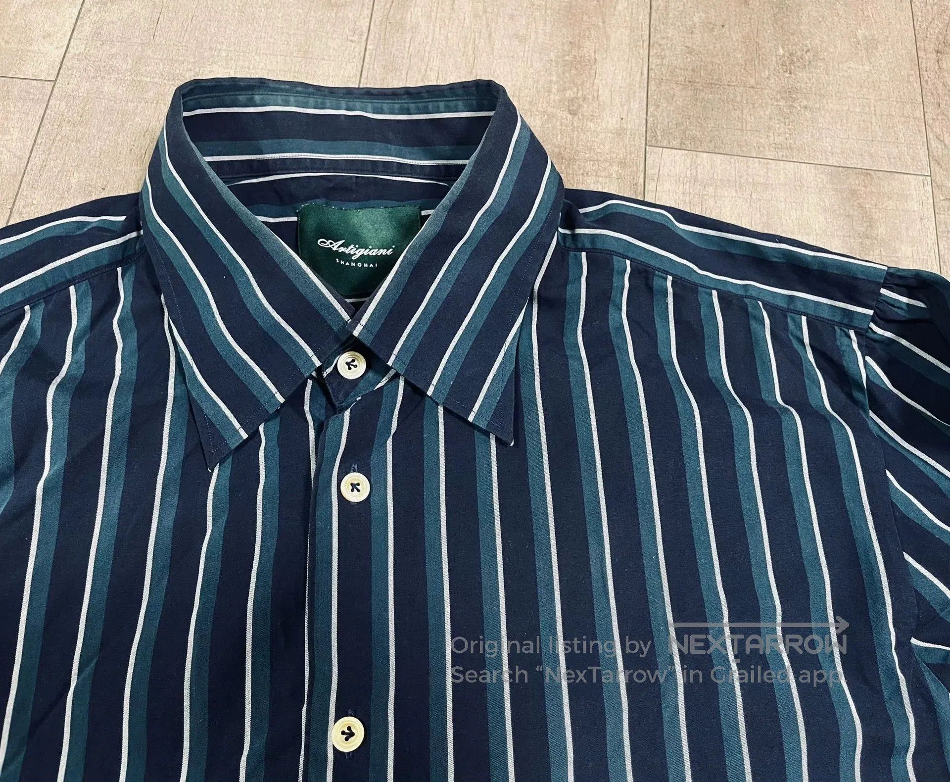Vintage Navy Green Stripe Shirt The Refinery TR. Size US M / EU 48-50 / 2 - 1 Thumbnail