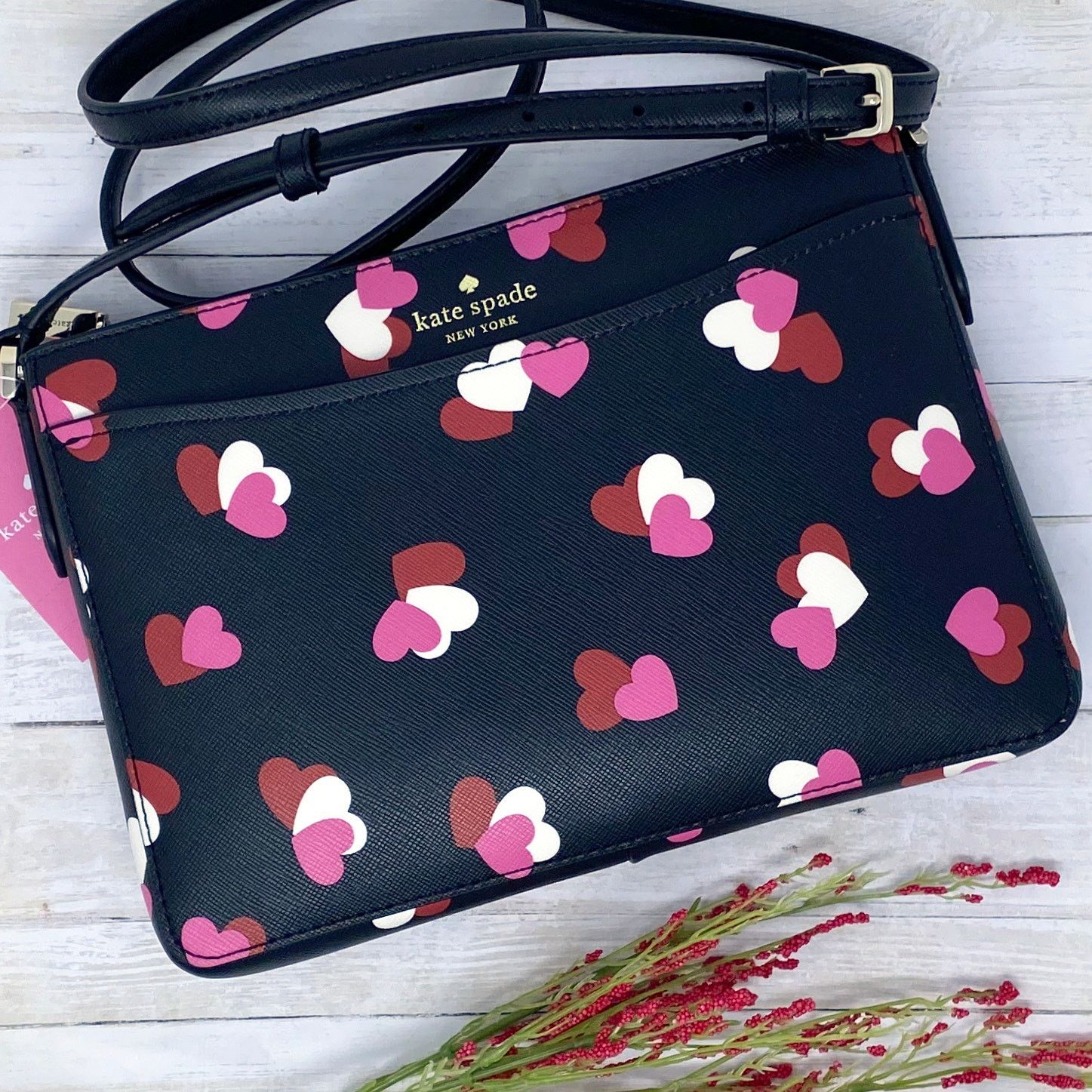 NEW selling Kate Spade Rory Leather Crossbody in Black with Pink, Red & White Hearts