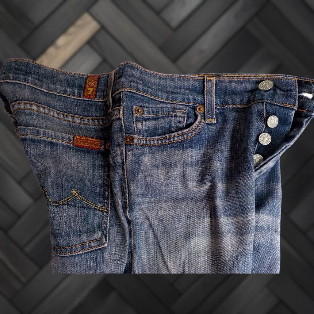 7 For All Mankind 7 FOR ALL MANKIND "boycut" Button Fly Tie Dye Jeans Blue/Ivory/Pink SZ 28X29 Womens Denim Cotton/Elastane Bootcut 98% Cotton 2% Elastane Jeans Size 28" / US 6 / IT 42 - 1 Thumbnail