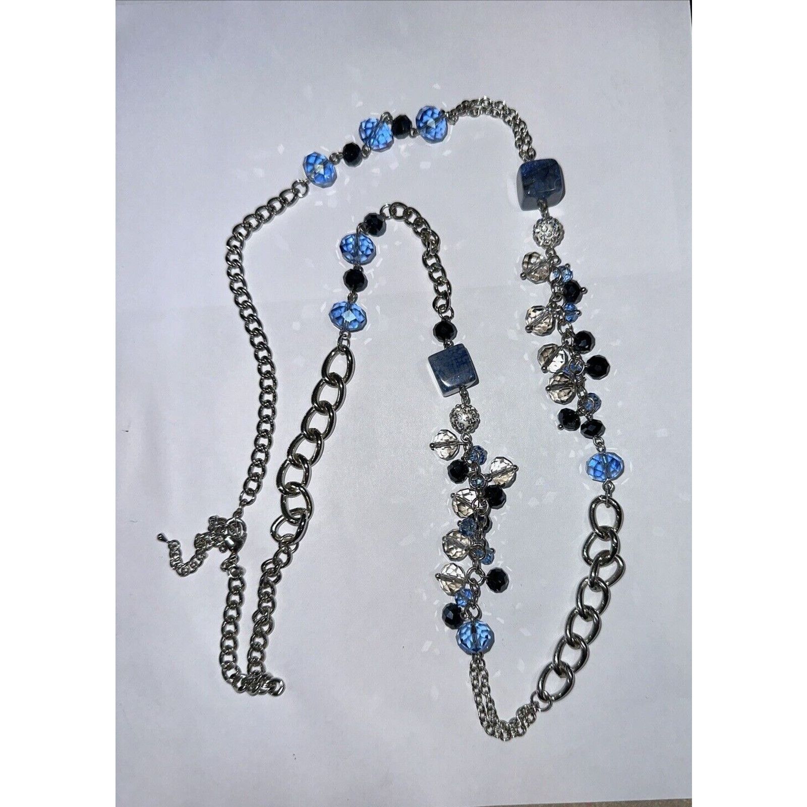 Other Long Black Clear Blue Glass Beads Silver Tone Chain Necklace Size ONE SIZE - 1 Thumbnail