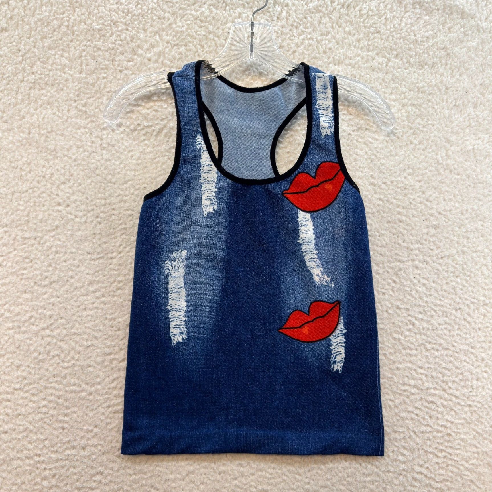 Vintage VINTAGE Y2K Camisole Tank Top Shirt S/M Blue Denim Lips Kisses Cyber Fairy Grunge Womens Size S / US 4 / IT 40 - 2 Thumbnail