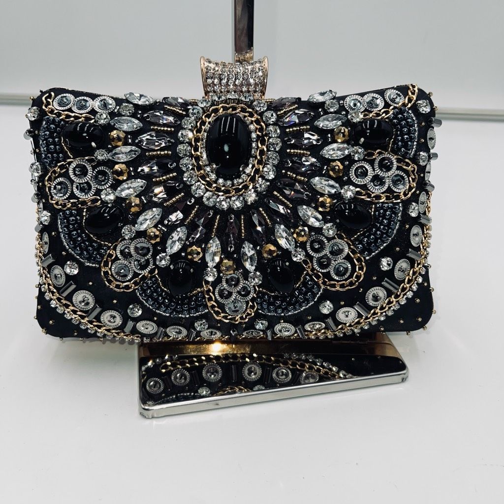 Other Jeweled, Rhinestone and Beaded Clip Lock Satin Evening Bag w Size ONE SIZE - 1 Thumbnail