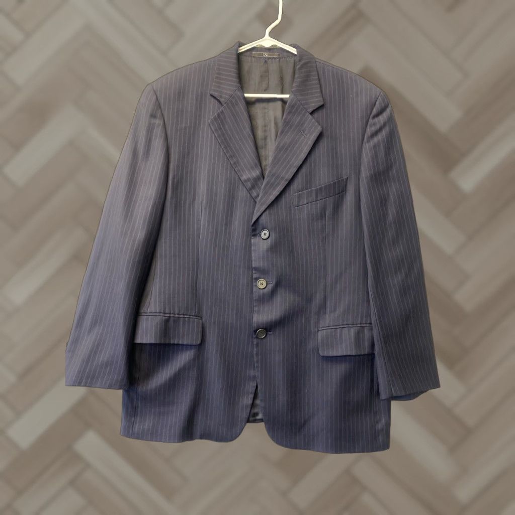 Valentino VALENTINO Blazer Mens 44R Dark Blue Pinstripe Wool Double-Vented Formal Vintage Design Size 44R - 1 Thumbnail
